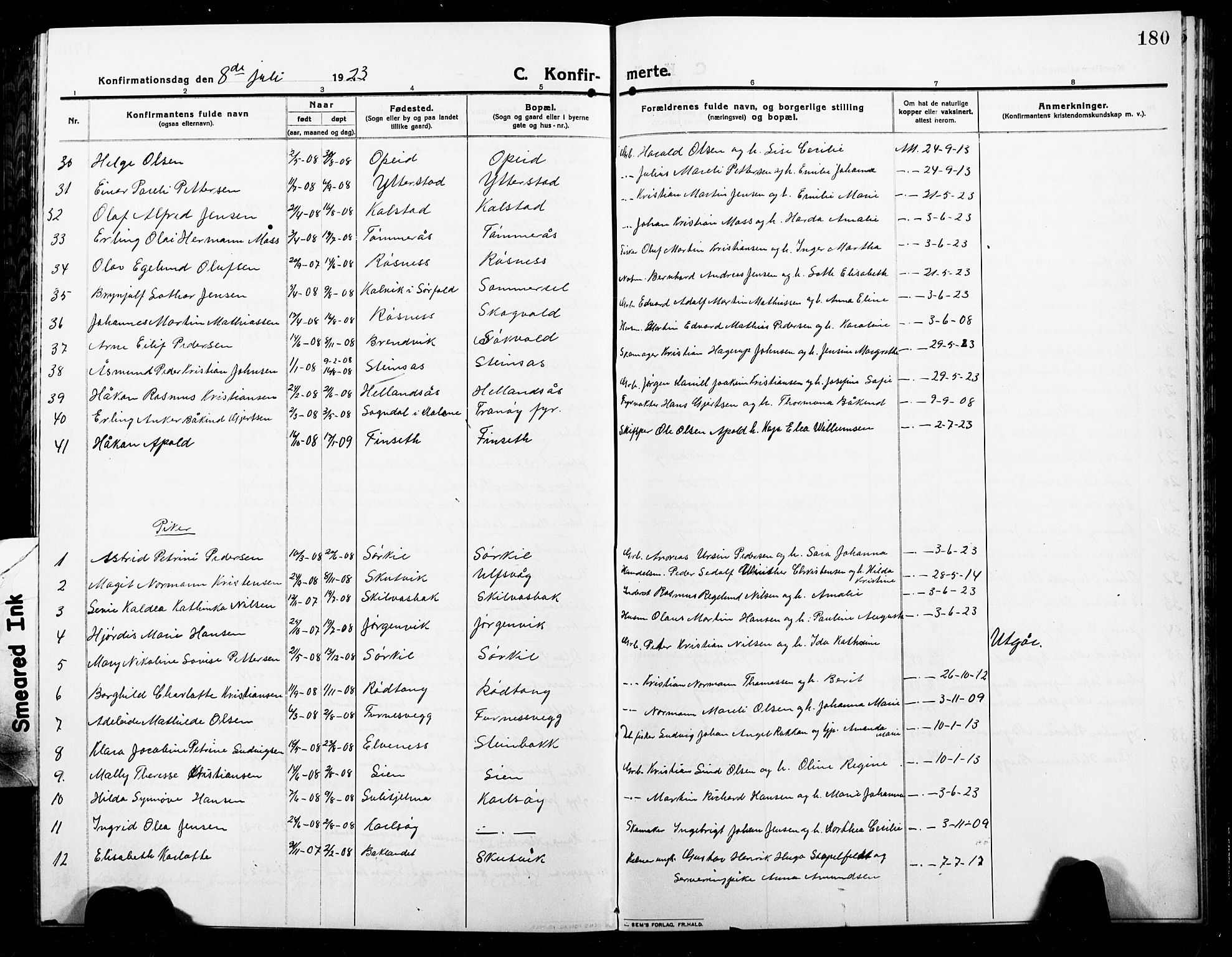 Ministerialprotokoller, klokkerbøker og fødselsregistre - Nordland, AV/SAT-A-1459/859/L0861: Parish register (copy) no. 859C07, 1910-1925, p. 180