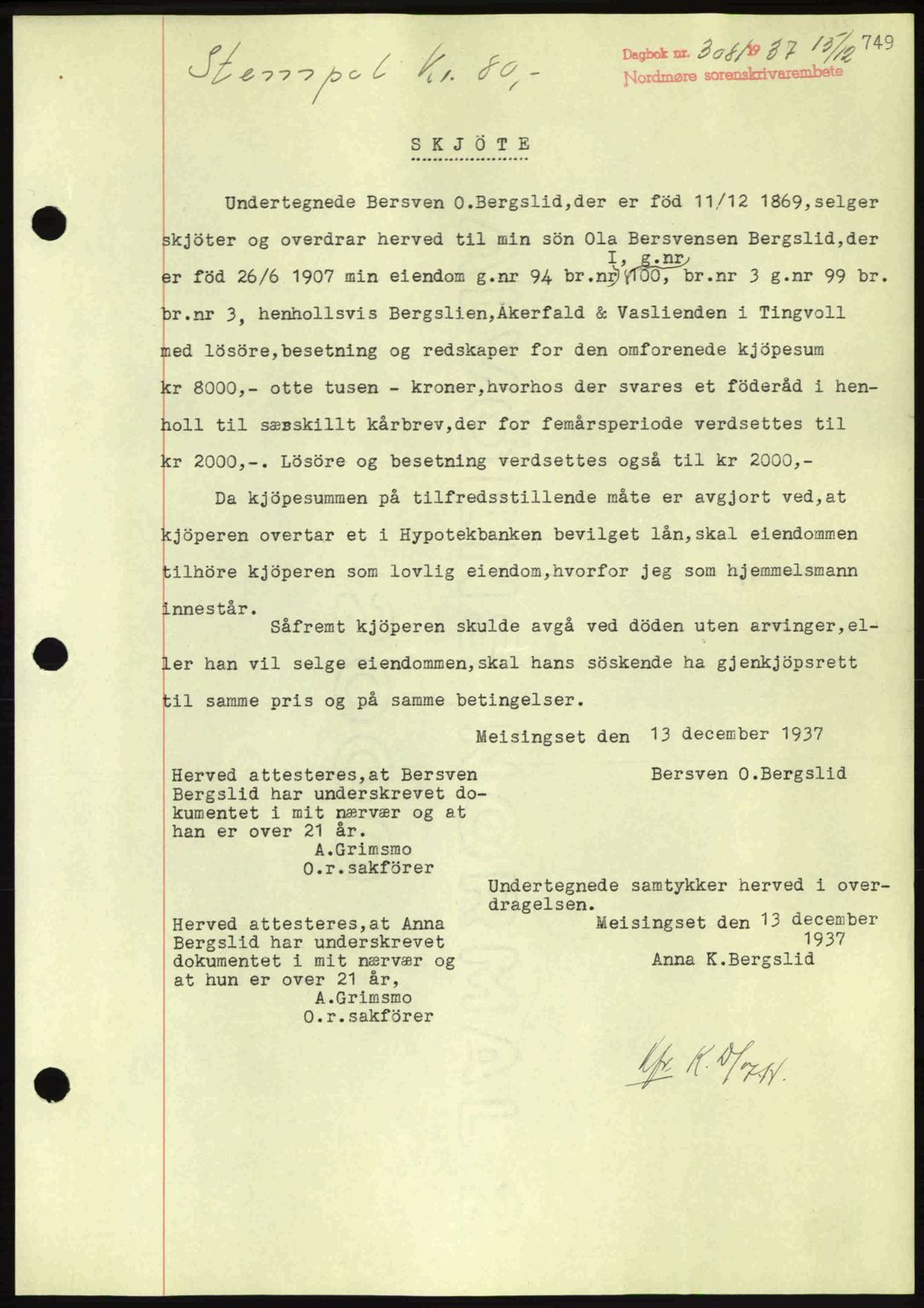 Nordmøre sorenskriveri, SAT/A-4132/1/2/2Ca: Mortgage book no. A82, 1937-1938, Diary no: : 3081/1937