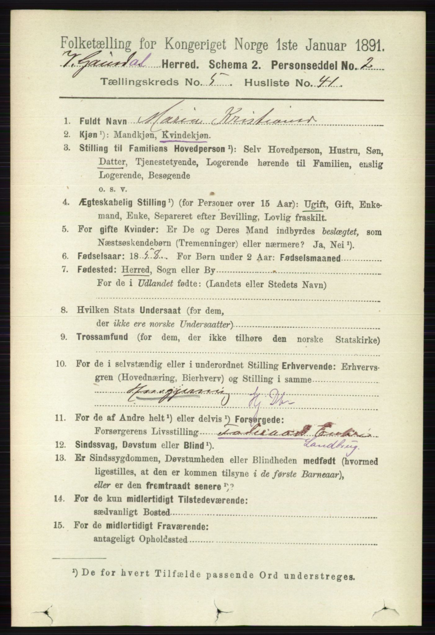 RA, 1891 census for 0523 Vestre Gausdal, 1891, p. 2403