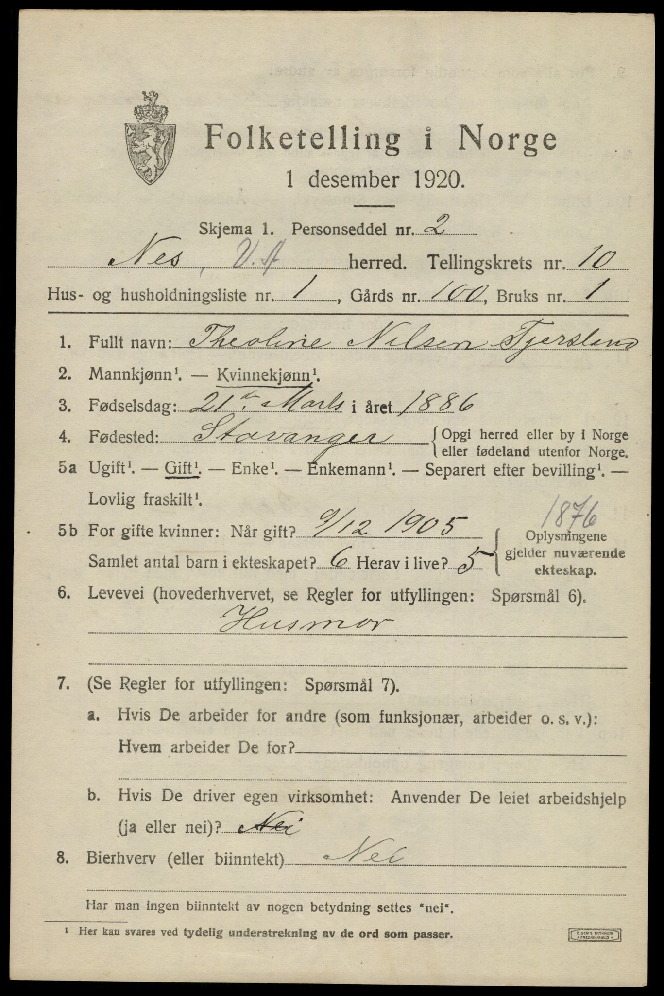 SAK, 1920 census for Nes (V-A), 1920, p. 3868