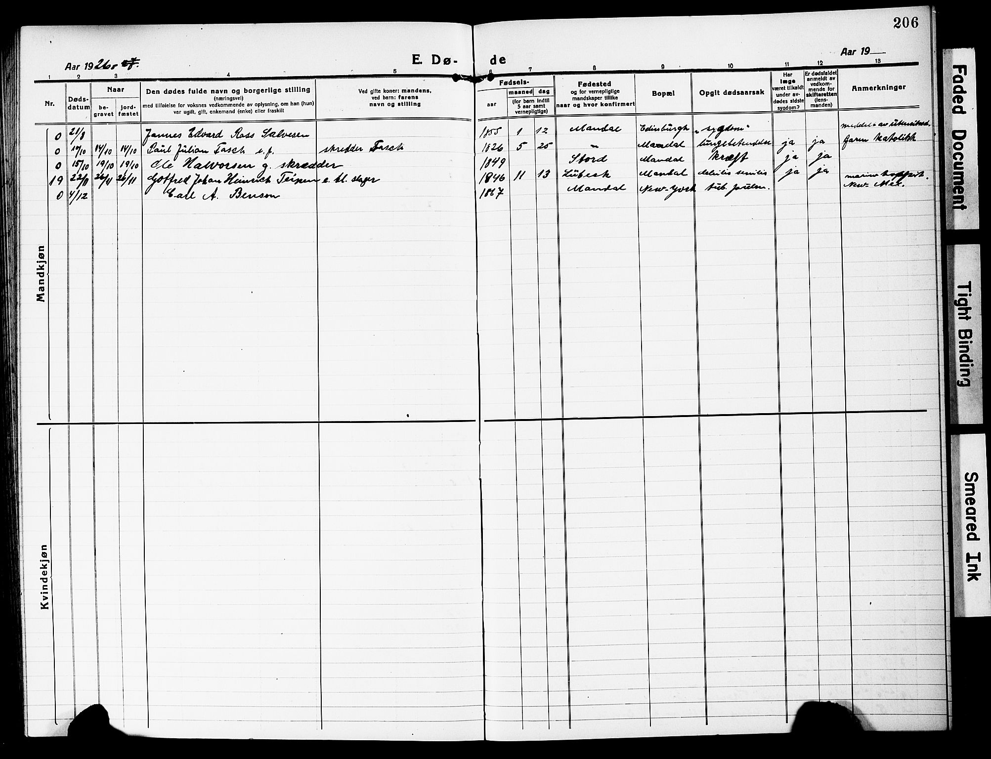 Mandal sokneprestkontor, SAK/1111-0030/F/Fb/Fbc/L0001: Parish register (copy) no. B 1, 1918-1931, p. 206