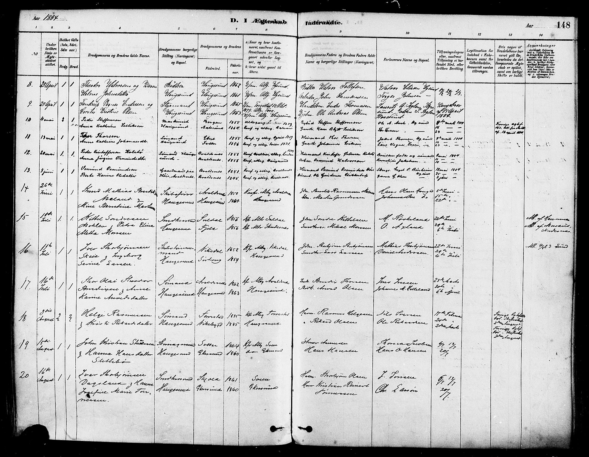 Haugesund sokneprestkontor, AV/SAST-A -101863/H/Ha/Haa/L0001: Parish register (official) no. A 1, 1878-1885, p. 148