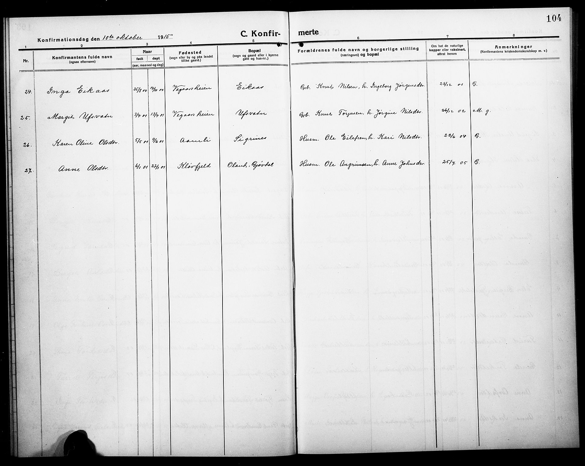 Åmli sokneprestkontor, AV/SAK-1111-0050/F/Fb/Fbc/L0006: Parish register (copy) no. B 6, 1915-1929, p. 104