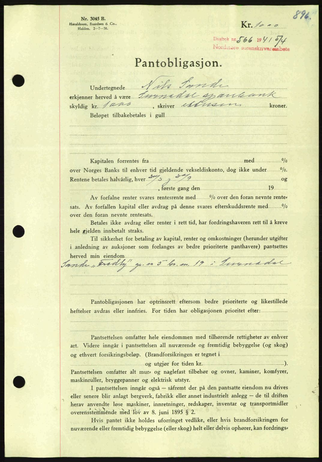 Nordmøre sorenskriveri, AV/SAT-A-4132/1/2/2Ca: Mortgage book no. B87, 1940-1941, Diary no: : 566/1941