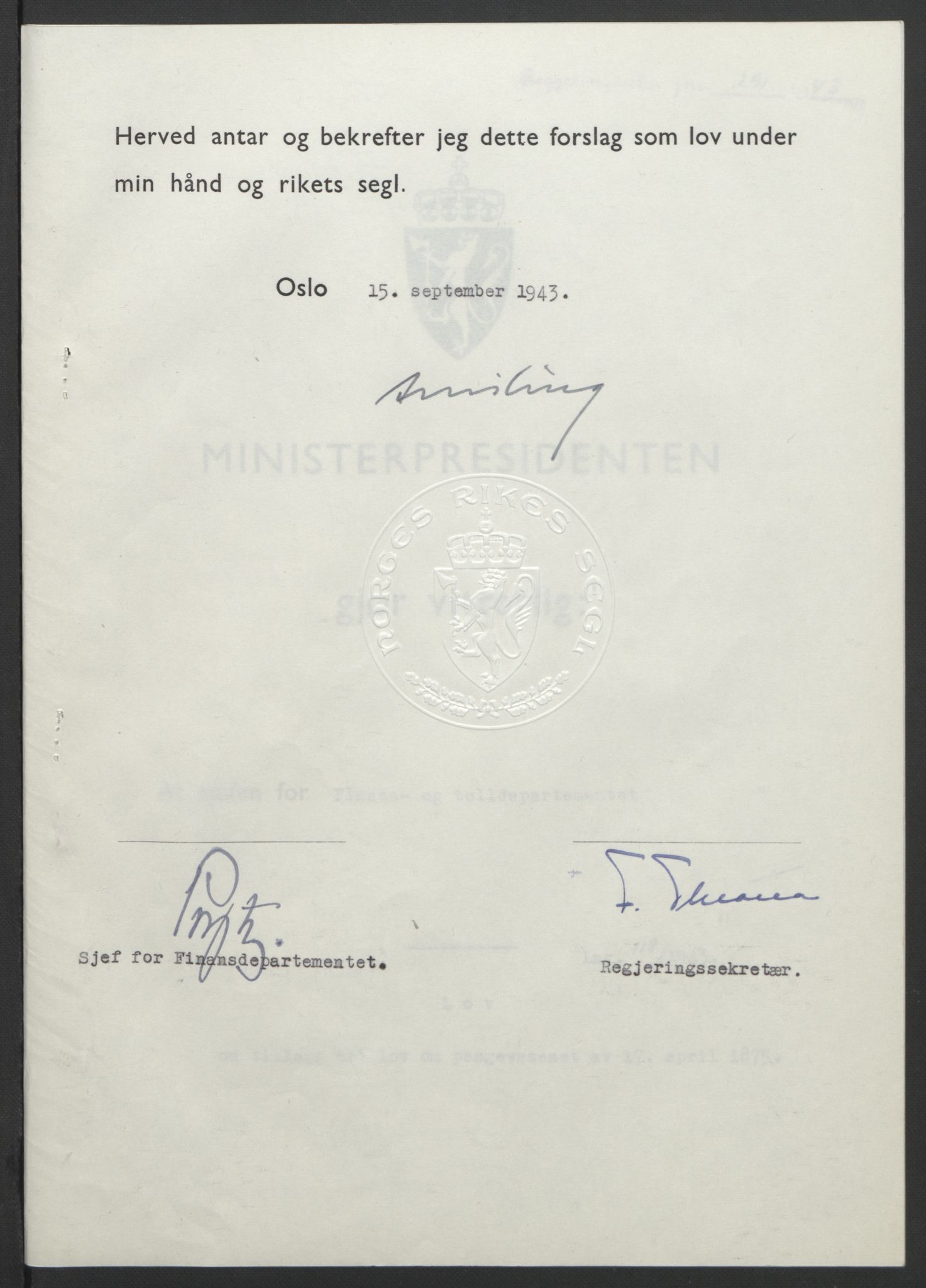 NS-administrasjonen 1940-1945 (Statsrådsekretariatet, de kommisariske statsråder mm), RA/S-4279/D/Db/L0099: Lover, 1943, p. 551