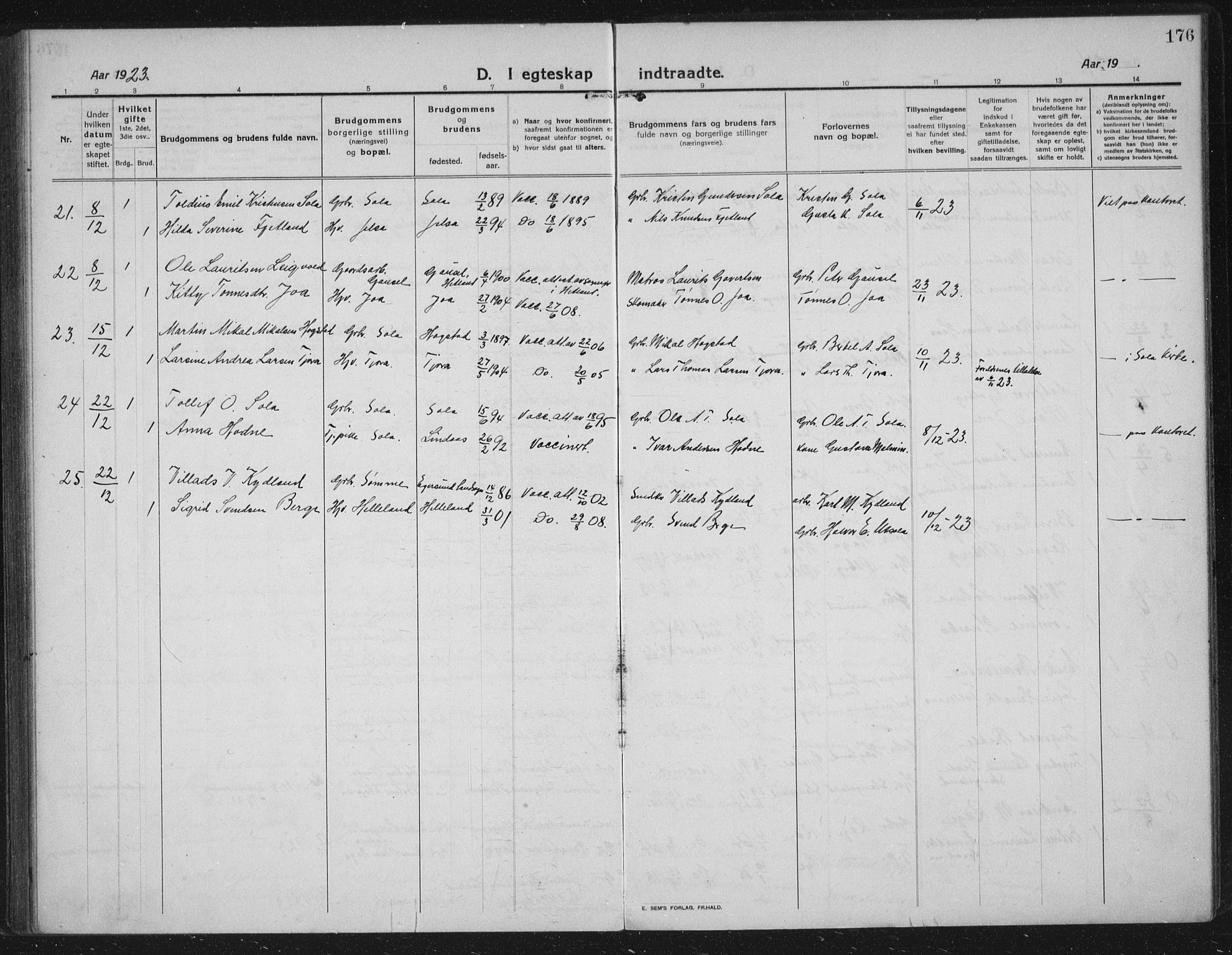 Håland sokneprestkontor, AV/SAST-A-101802/002/C/L0001: Parish register (official) no. A 14, 1913-1927, p. 176