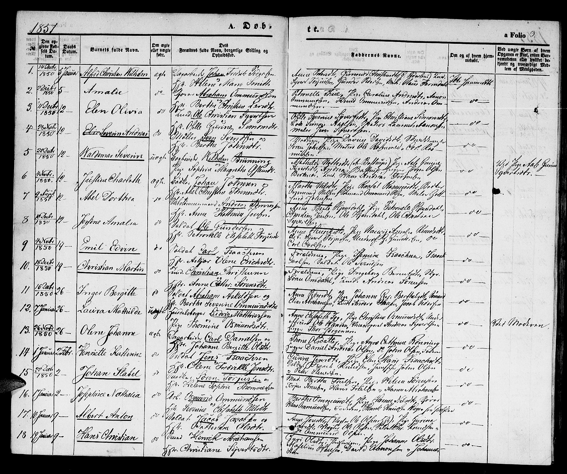 Kristiansand domprosti, AV/SAK-1112-0006/F/Fb/L0011: Parish register (copy) no. B 11, 1851-1861, p. 3