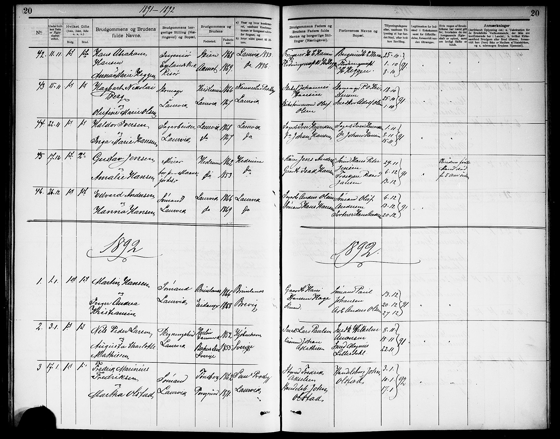Larvik kirkebøker, SAKO/A-352/G/Ga/L0006: Parish register (copy) no. I 6, 1888-1917, p. 20
