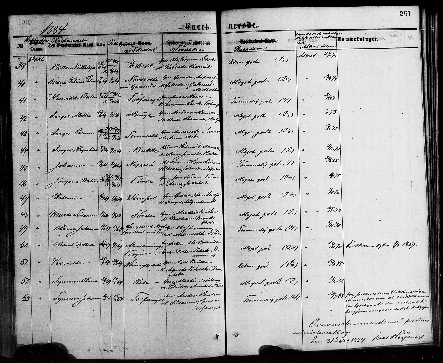 Bremanger sokneprestembete, SAB/A-82201/H/Hab/Haba/L0002: Parish register (copy) no. A 2, 1866-1889, p. 251