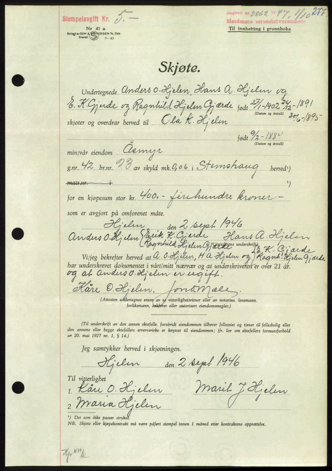 Nordmøre sorenskriveri, AV/SAT-A-4132/1/2/2Ca: Mortgage book no. A106, 1947-1947, Diary no: : 2262/1947