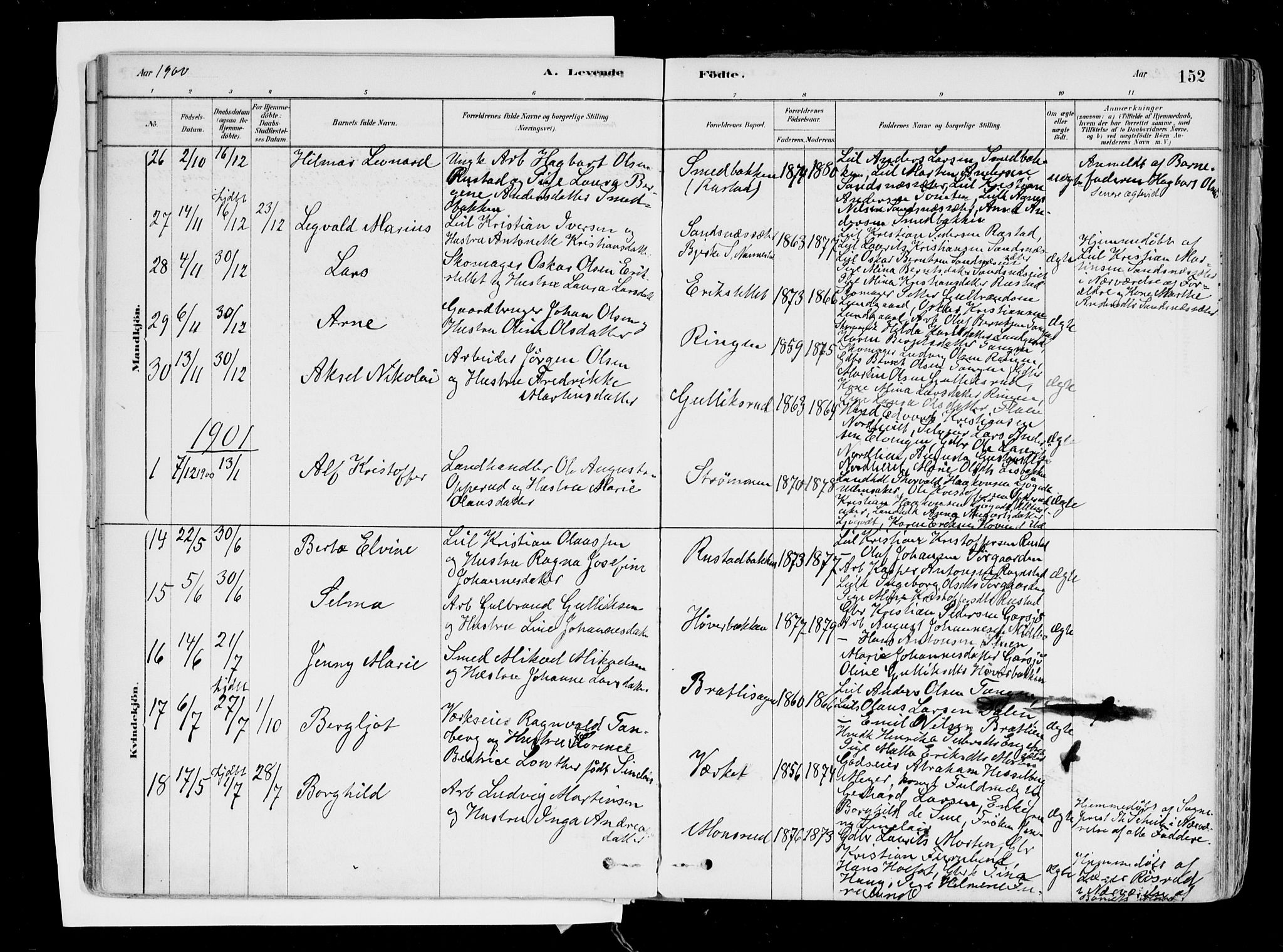 Hurdal prestekontor Kirkebøker, SAO/A-10889/F/Fa/L0007: Parish register (official) no. I 7, 1878-1906, p. 152