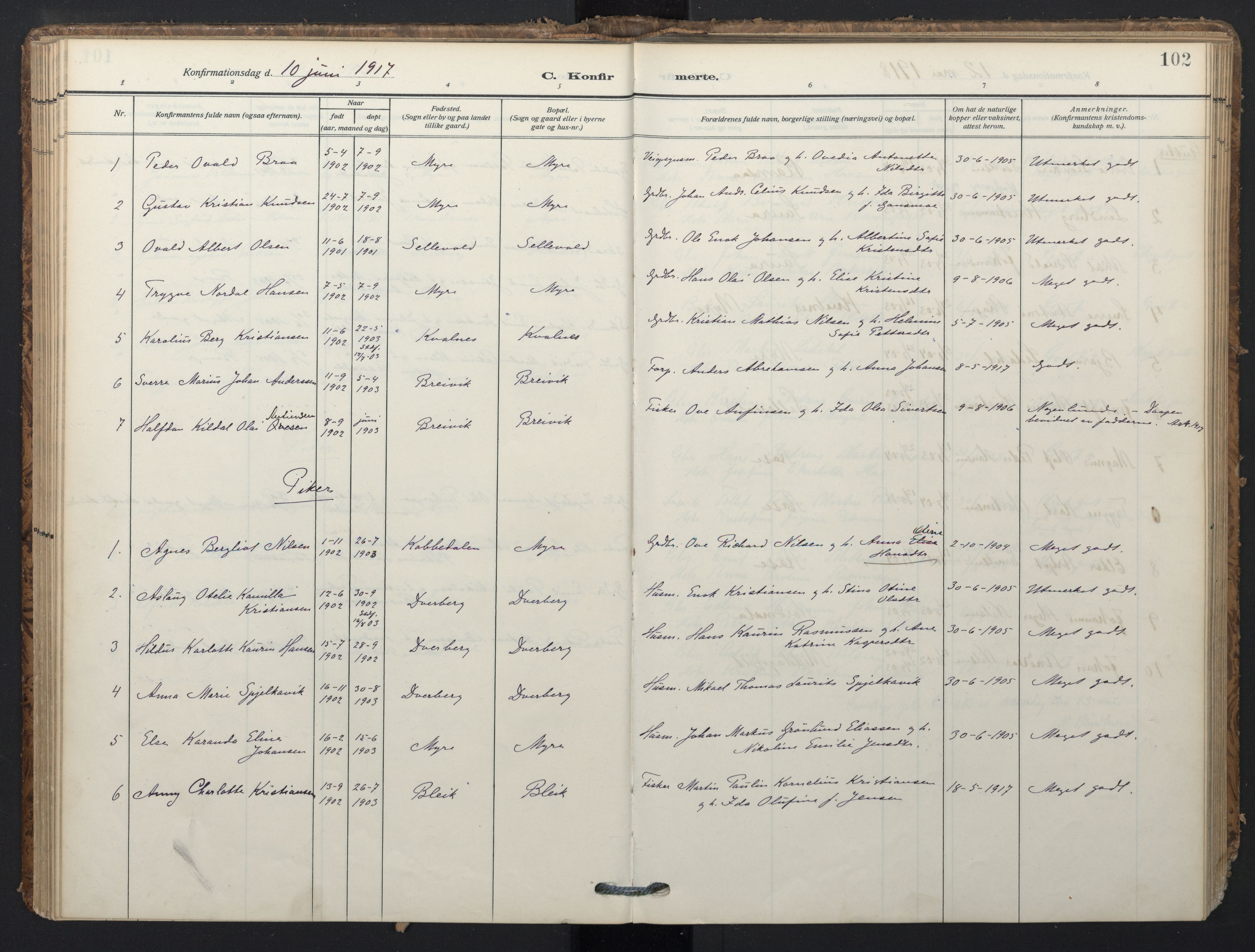 Ministerialprotokoller, klokkerbøker og fødselsregistre - Nordland, SAT/A-1459/897/L1401: Parish register (official) no. 897A08, 1909-1921, p. 102
