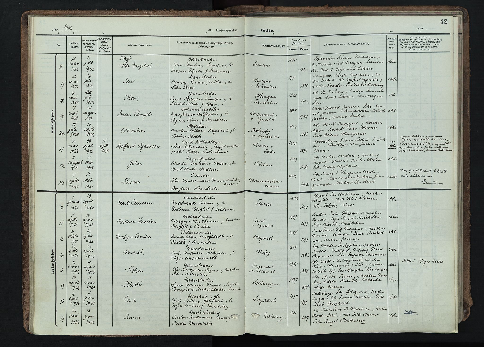 Tynset prestekontor, AV/SAH-PREST-058/H/Ha/Haa/L0026: Parish register (official) no. 26, 1915-1929, p. 42