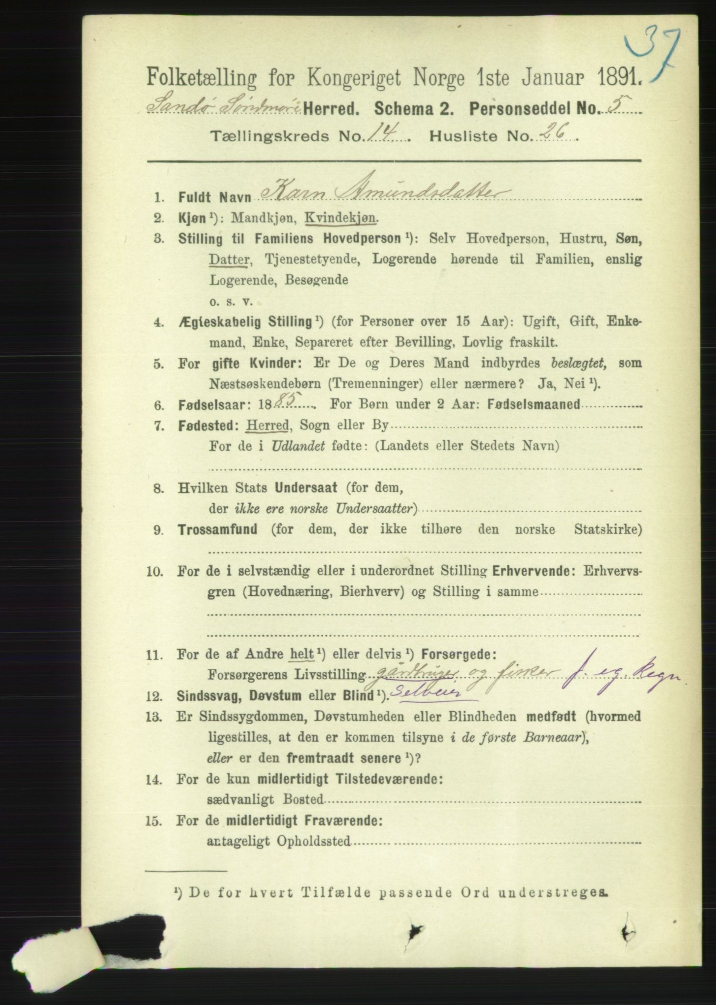 RA, 1891 census for 1514 Sande, 1891, p. 2987