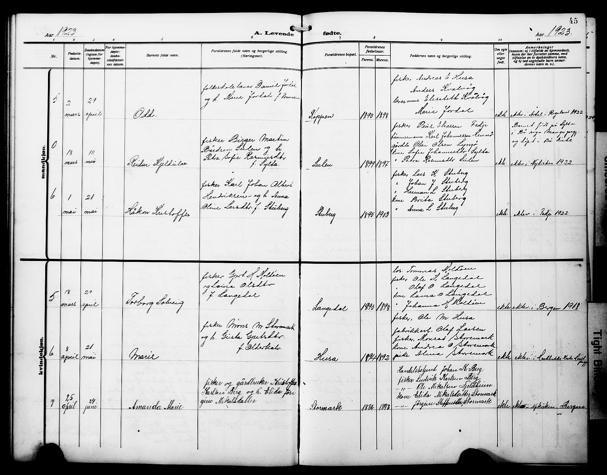 Lindås Sokneprestembete, SAB/A-76701/H/Hab: Parish register (copy) no. D 4, 1913-1928, p. 45