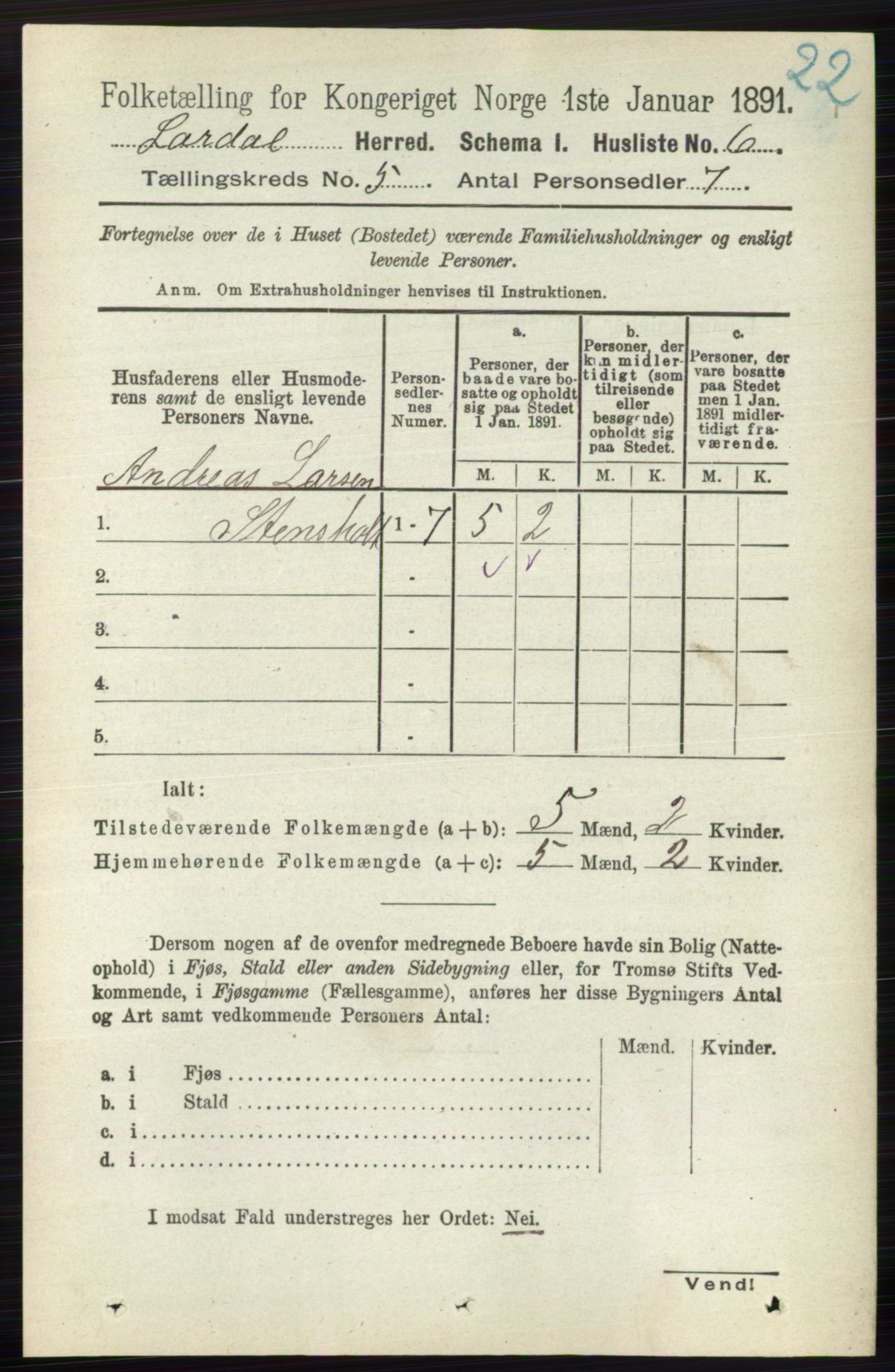 RA, 1891 census for 0728 Lardal, 1891, p. 2612