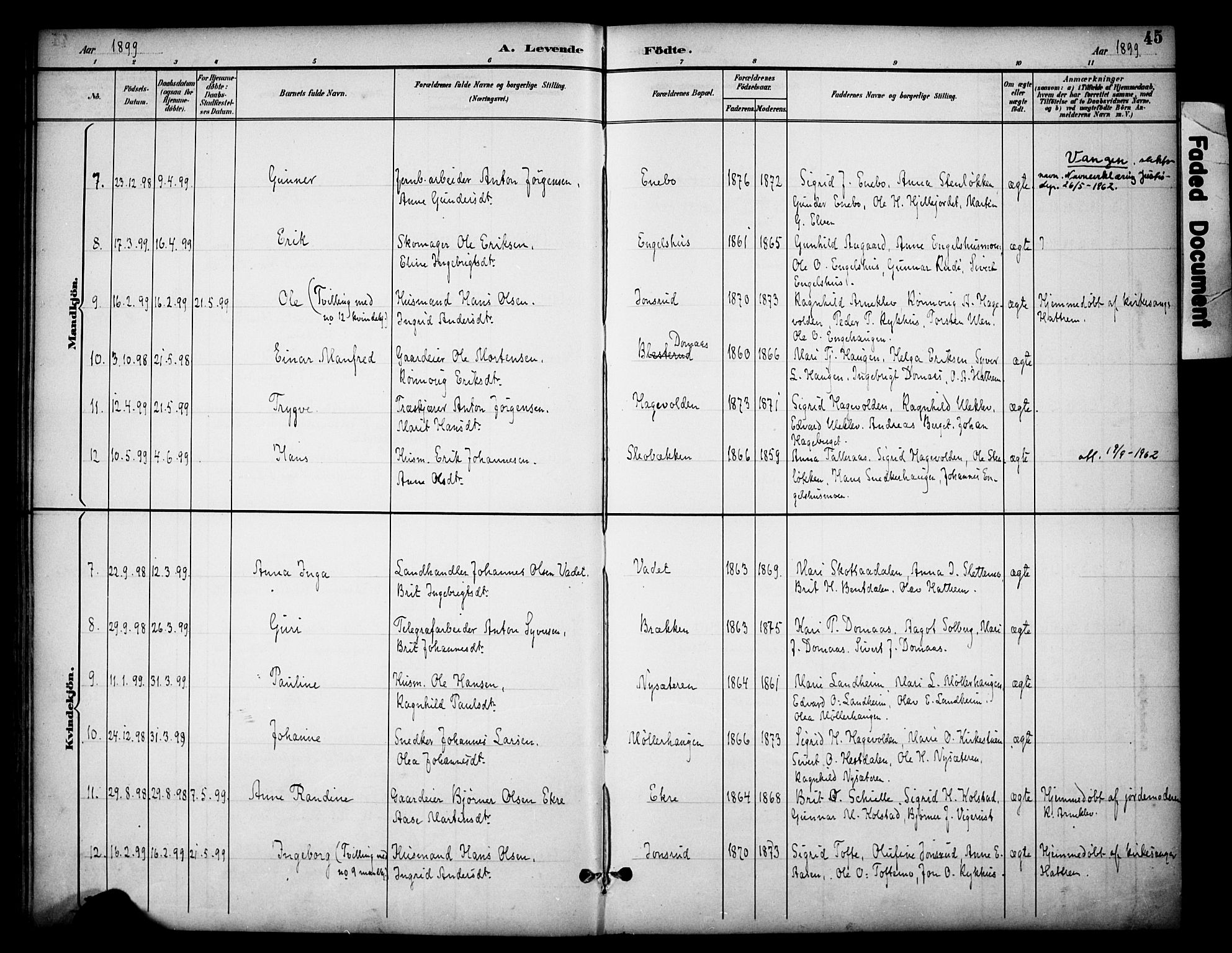 Dovre prestekontor, SAH/PREST-066/H/Ha/Haa/L0003: Parish register (official) no. 3, 1891-1901, p. 45