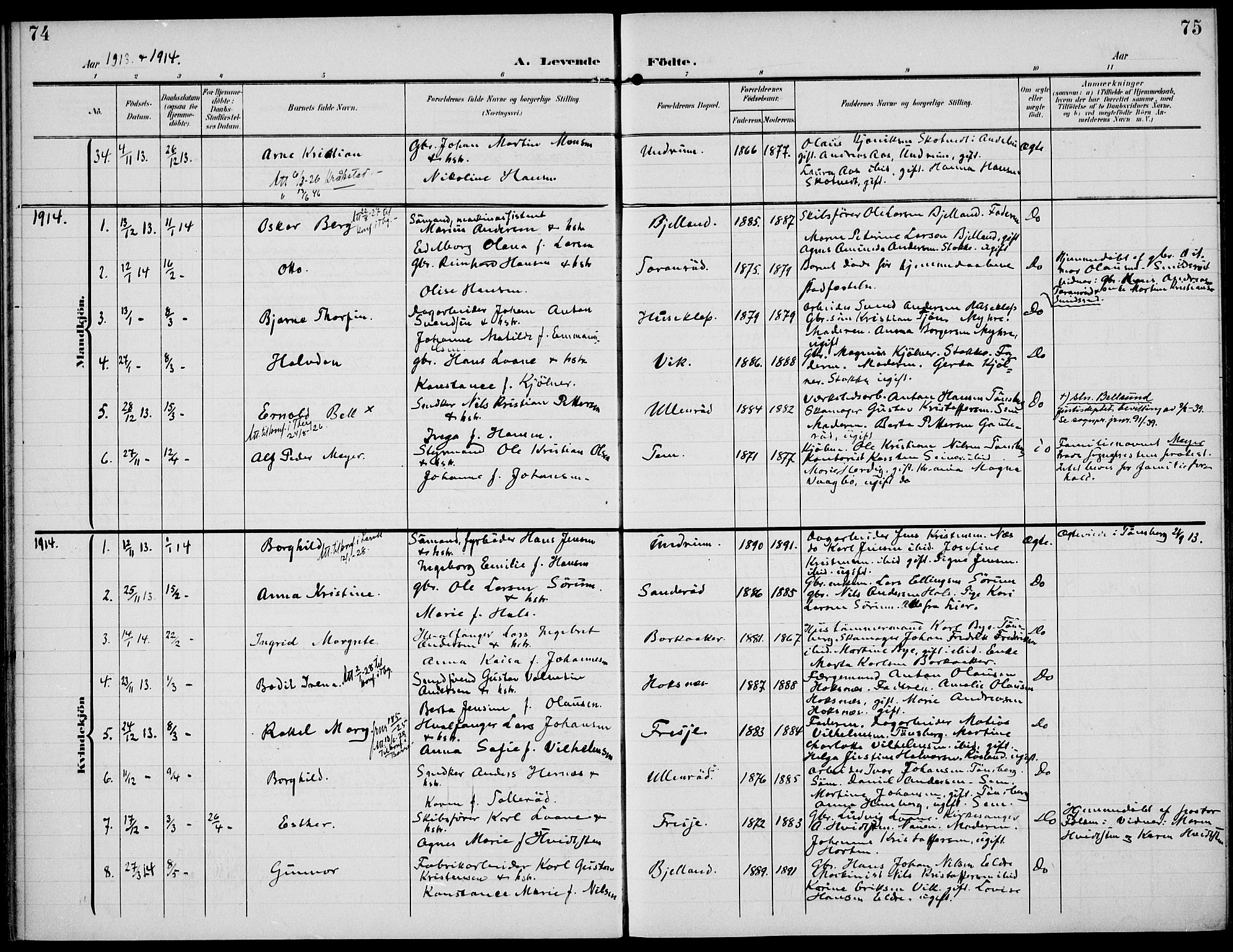 Sem kirkebøker, SAKO/A-5/F/Fa/L0012: Parish register (official) no. I 12, 1905-1915, p. 74-75