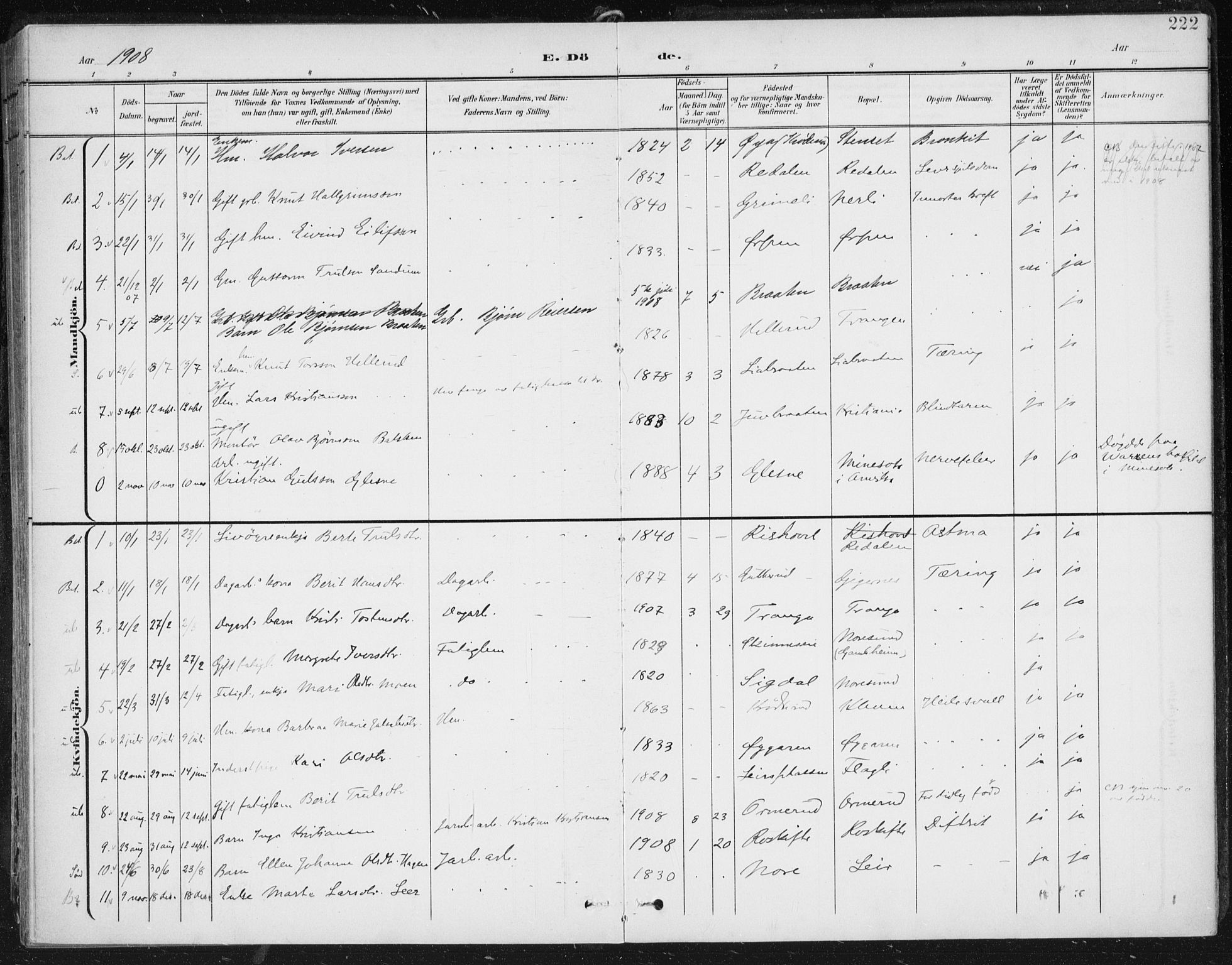 Krødsherad kirkebøker, SAKO/A-19/F/Fa/L0007: Parish register (official) no. 7, 1900-1915, p. 222