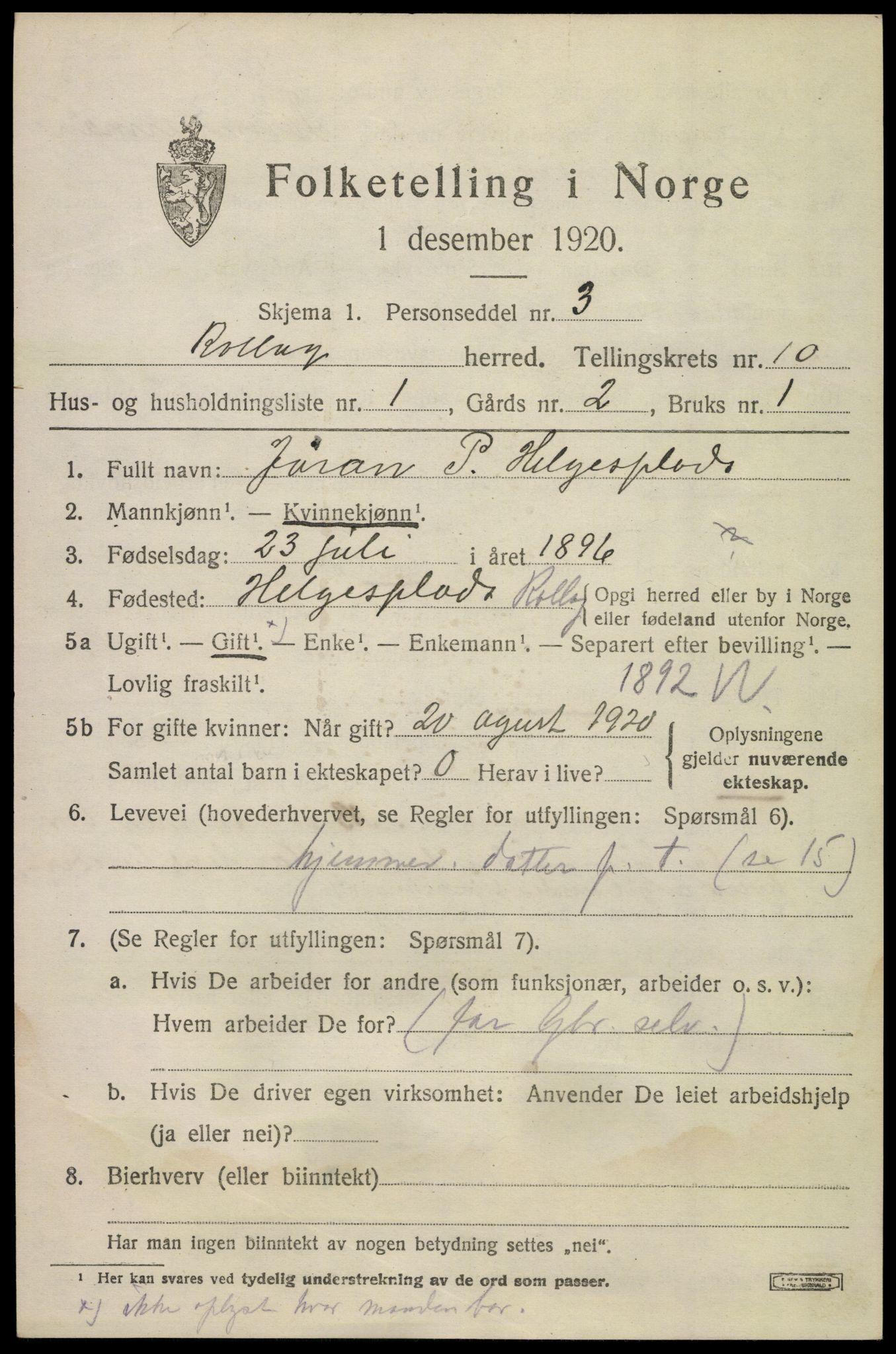 SAKO, 1920 census for Rollag, 1920, p. 3390