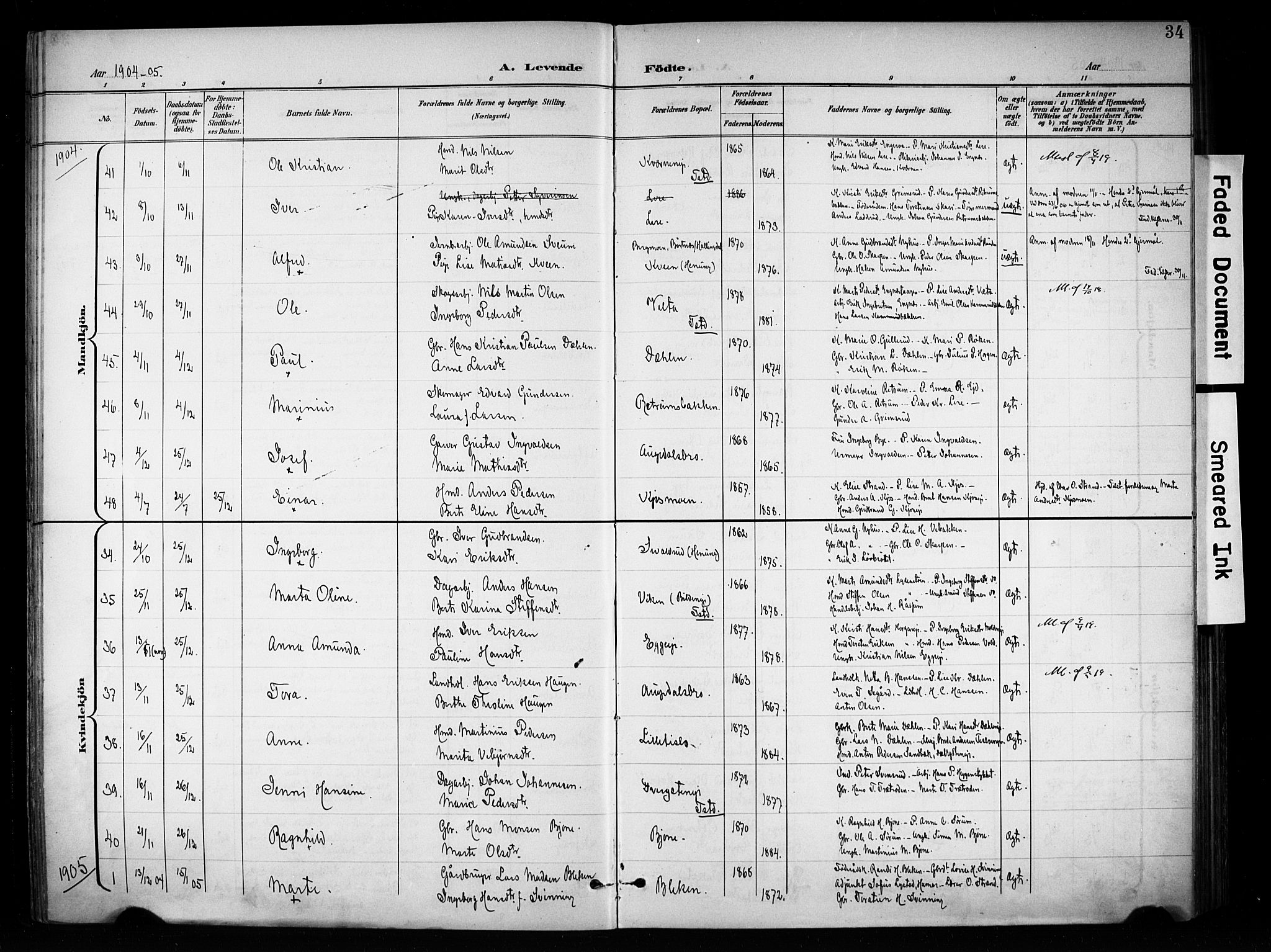 Brandbu prestekontor, SAH/PREST-114/H/Ha/Haa/L0001: Parish register (official) no. 1, 1900-1912, p. 34