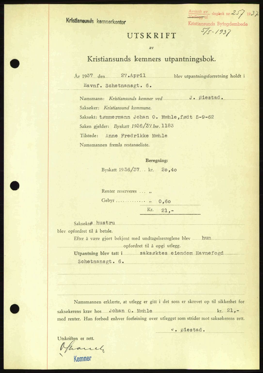 Kristiansund byfogd, AV/SAT-A-4587/A/27: Mortgage book no. 29, 1936-1937, Diary no: : 257/1937