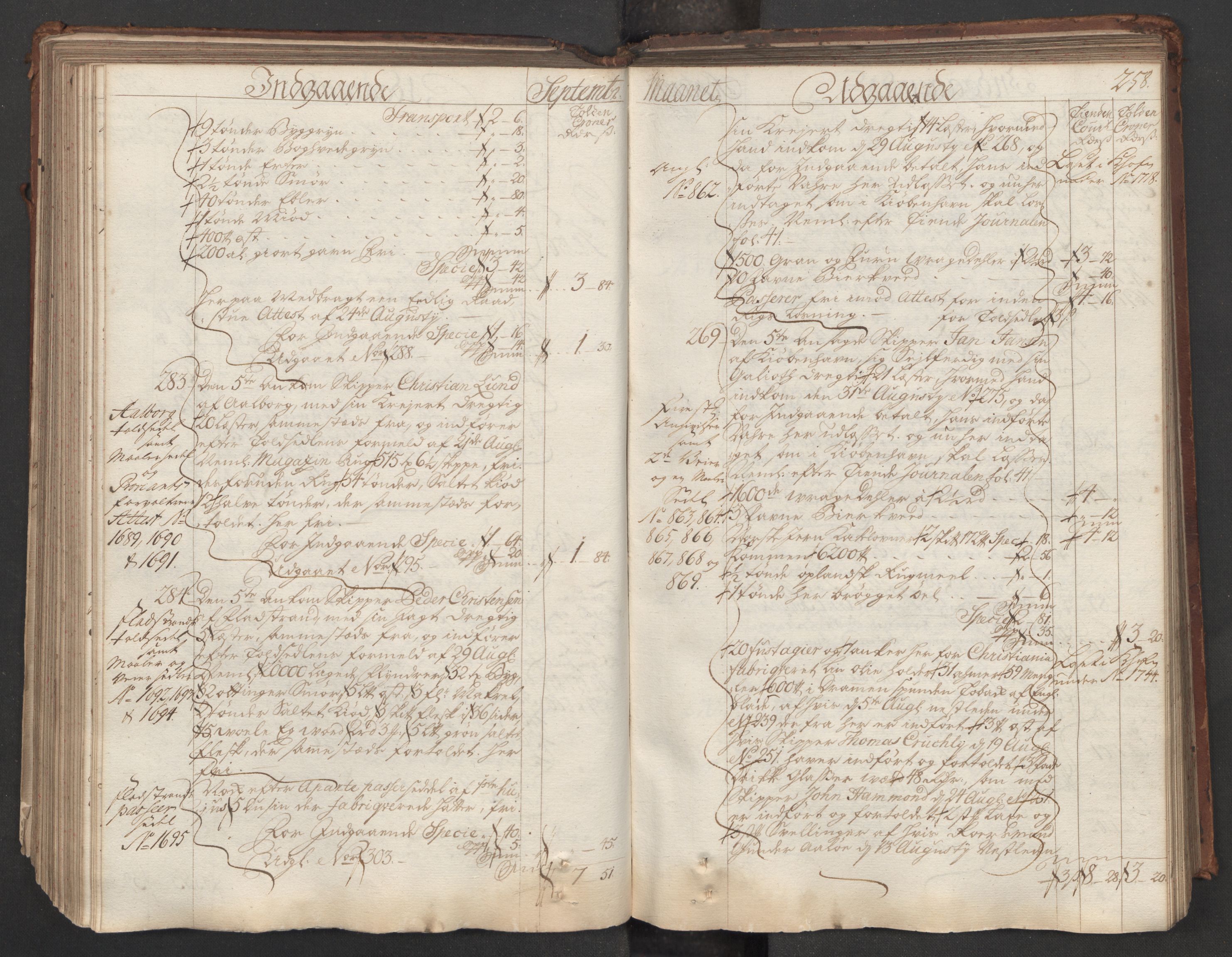 Generaltollkammeret, tollregnskaper, RA/EA-5490/R06/L0015/0001: Tollregnskaper Kristiania / Hovedtollbok, 1733, p. 257b-258a