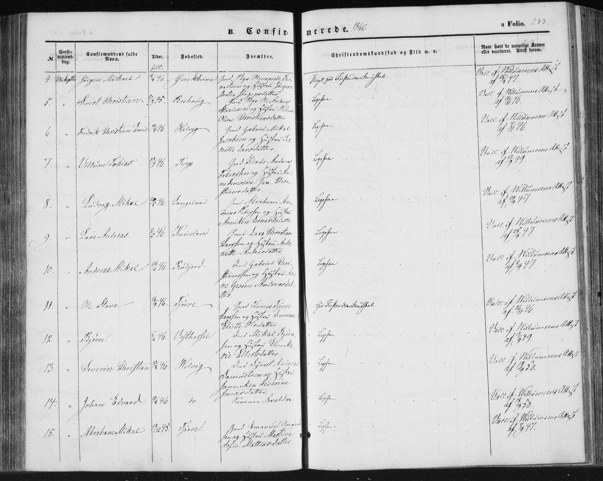 Lista sokneprestkontor, AV/SAK-1111-0027/F/Fa/L0010: Parish register (official) no. A 10, 1846-1861, p. 243