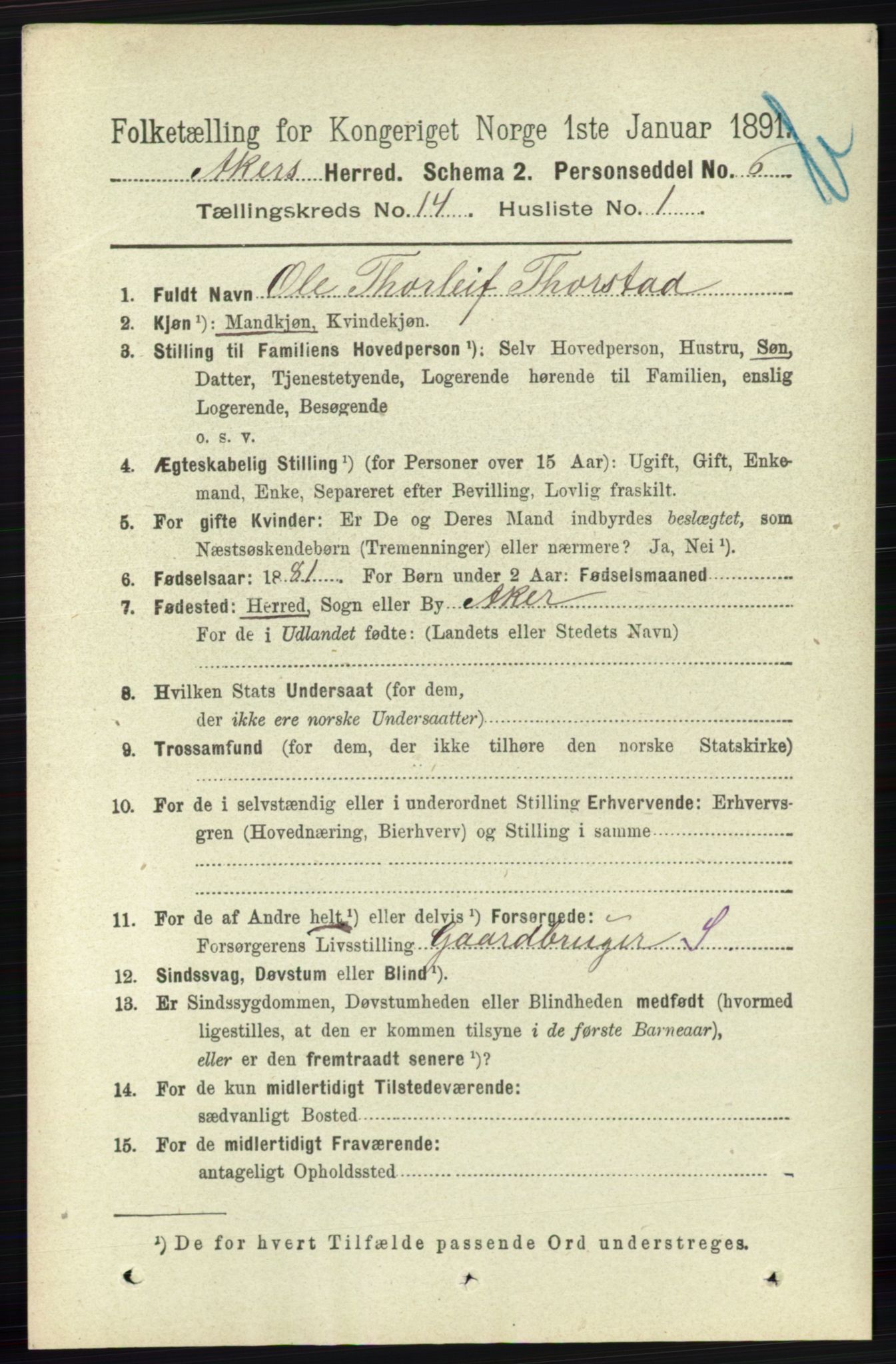 RA, 1891 census for 0218 Aker, 1891, p. 12738