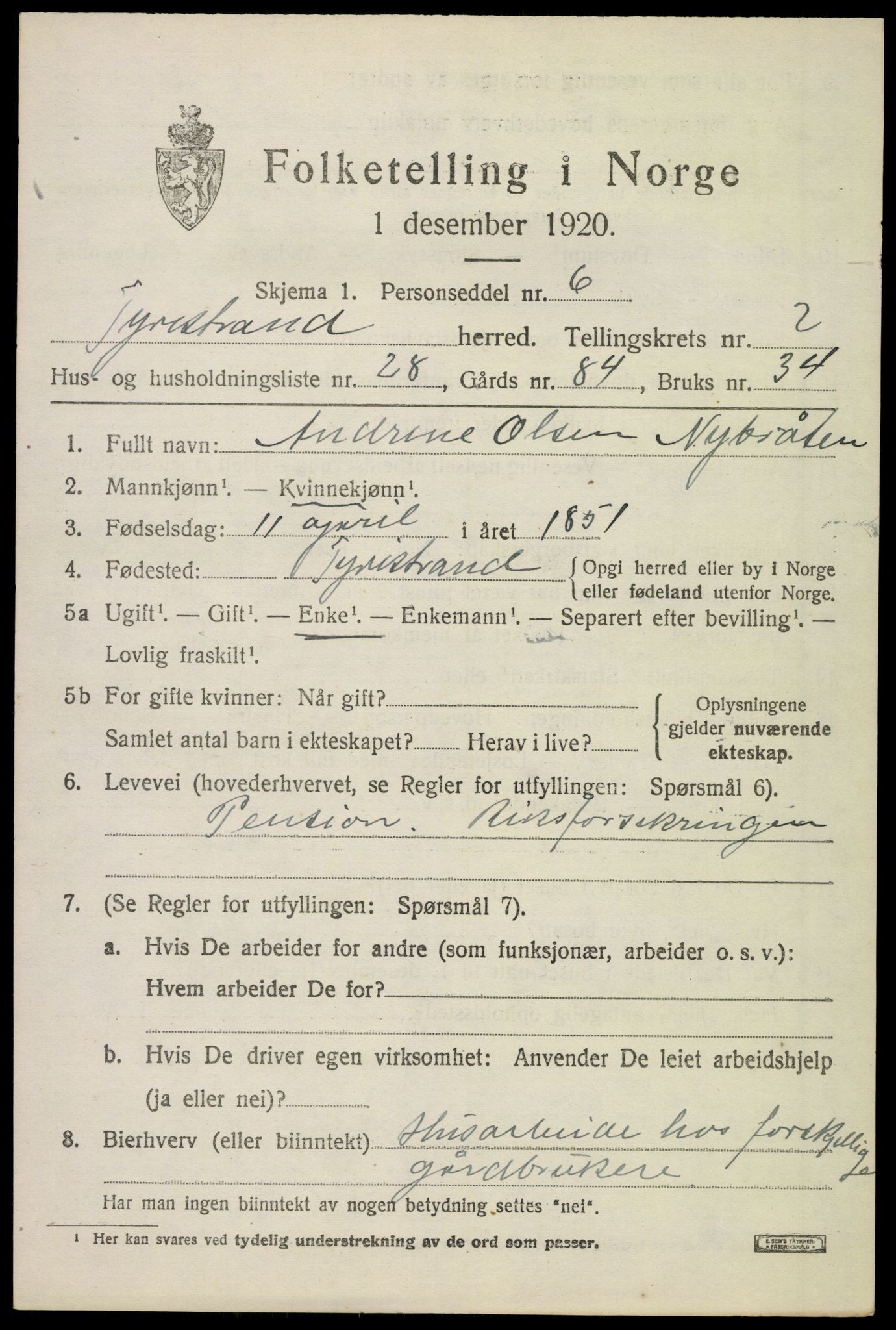 SAKO, 1920 census for Tyristrand, 1920, p. 1612