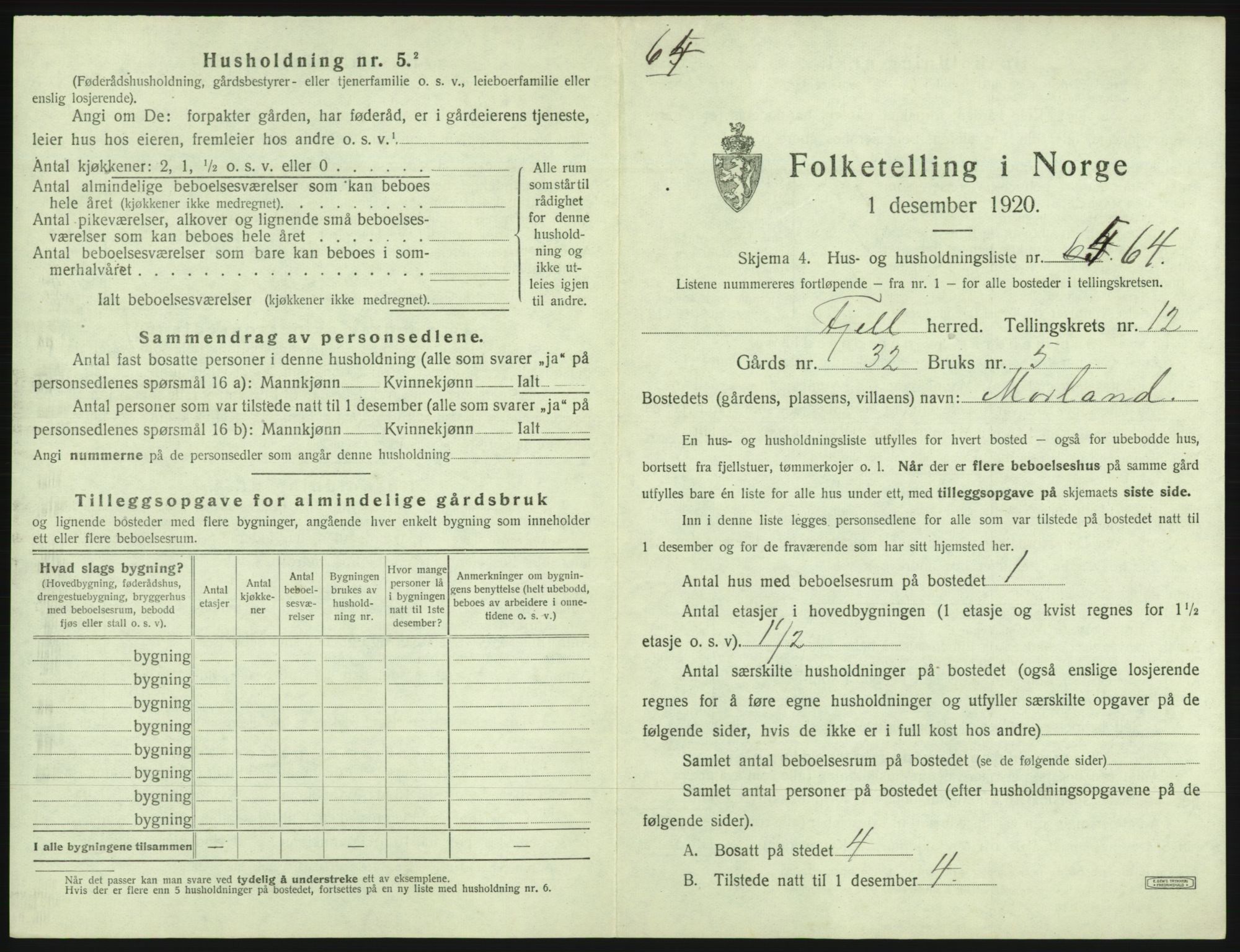 SAB, 1920 census for Fjell, 1920, p. 1456