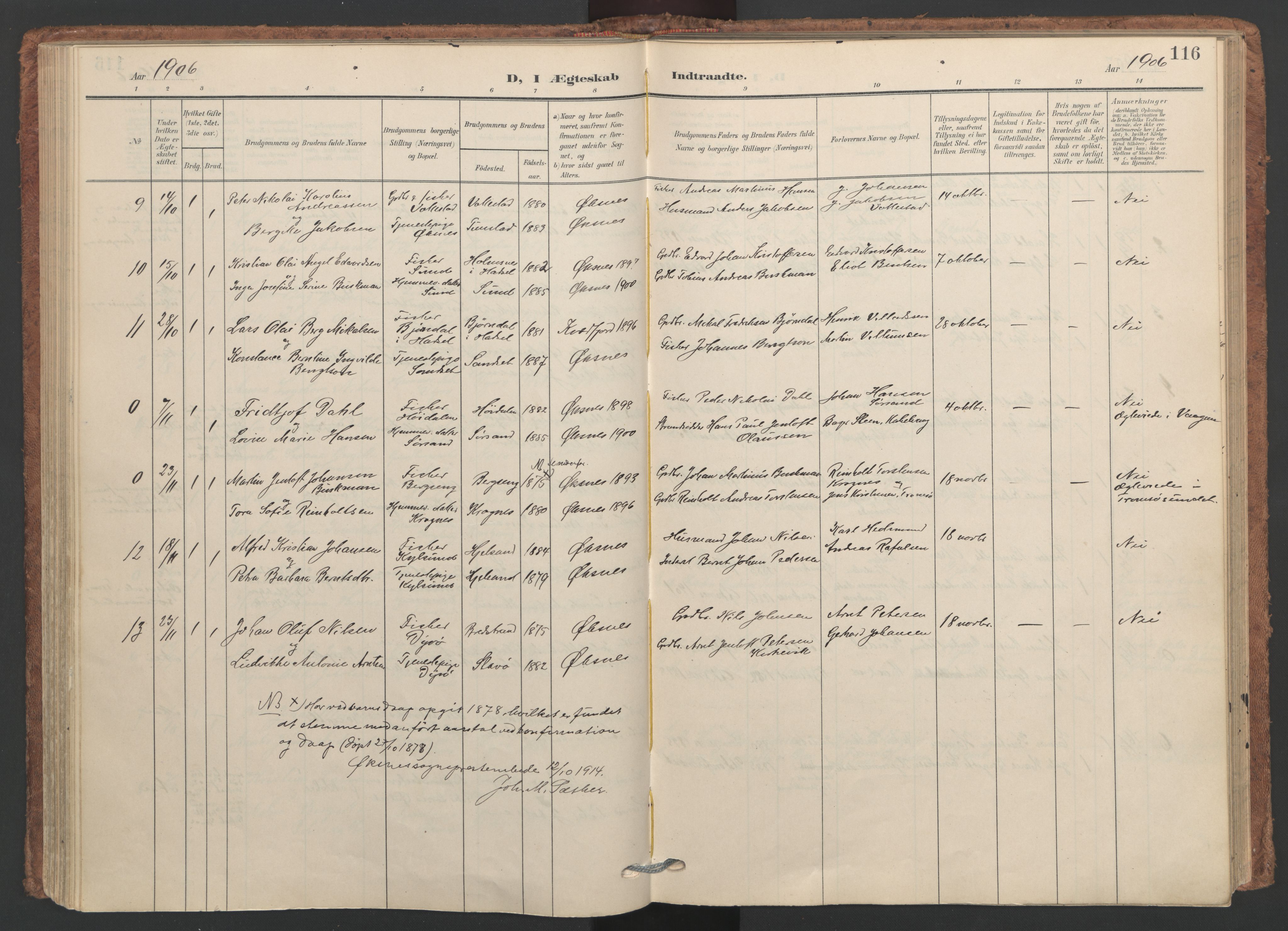 Ministerialprotokoller, klokkerbøker og fødselsregistre - Nordland, SAT/A-1459/893/L1339: Parish register (official) no. 893A11, 1904-1914, p. 116