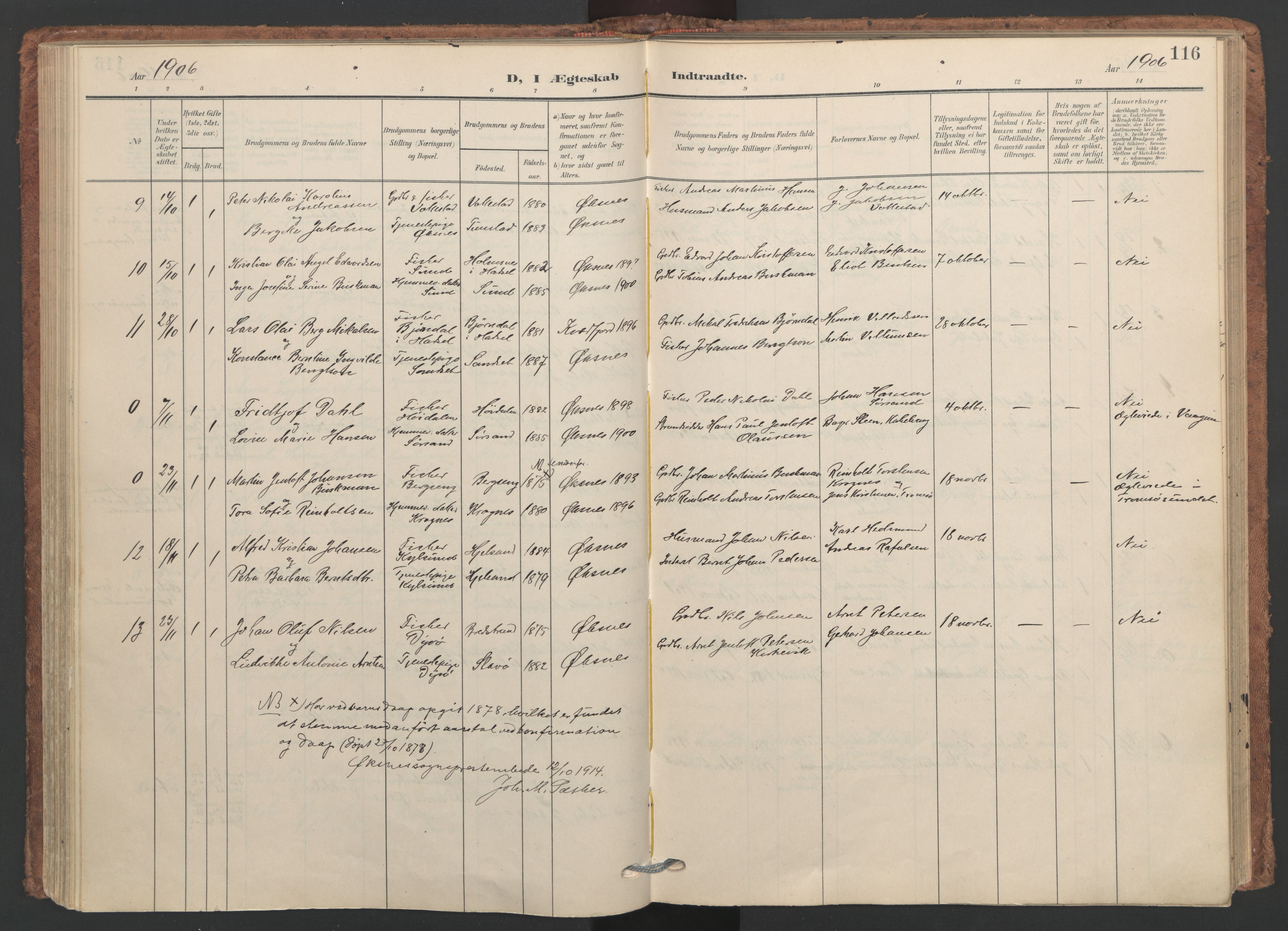 Ministerialprotokoller, klokkerbøker og fødselsregistre - Nordland, AV/SAT-A-1459/893/L1339: Parish register (official) no. 893A11, 1904-1914, p. 116