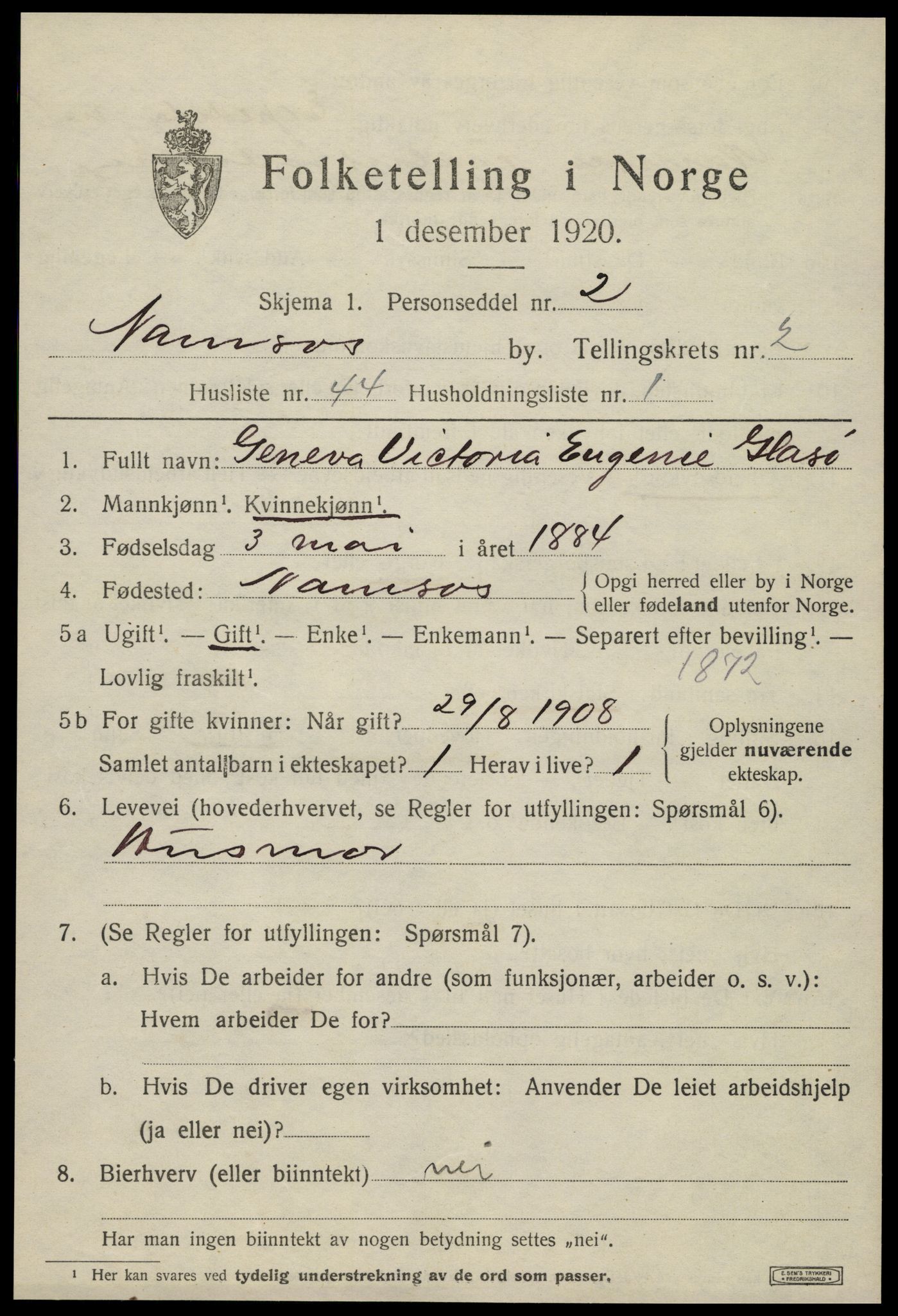 SAT, 1920 census for Namsos, 1920, p. 3717
