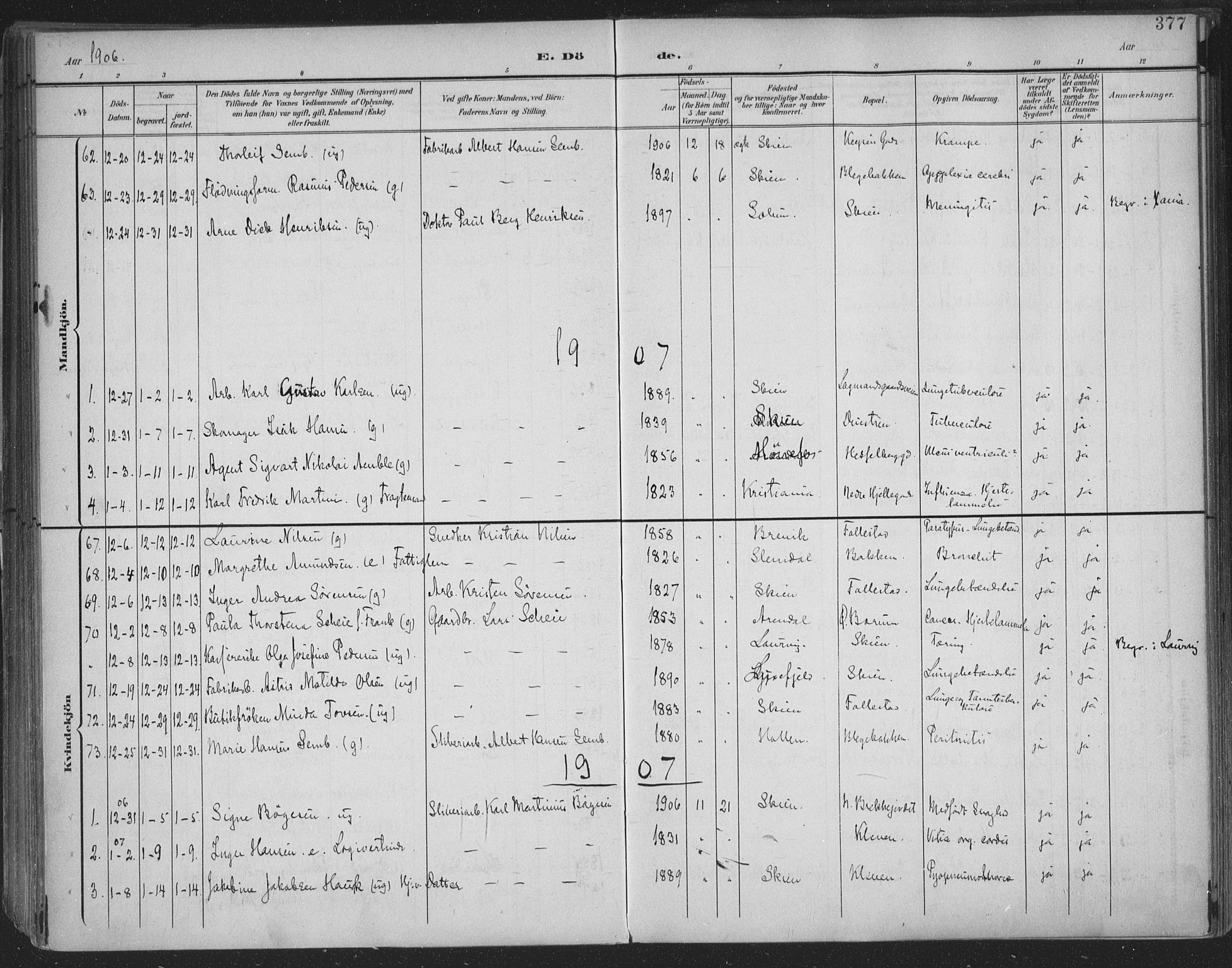 Skien kirkebøker, AV/SAKO-A-302/F/Fa/L0011: Parish register (official) no. 11, 1900-1907, p. 377