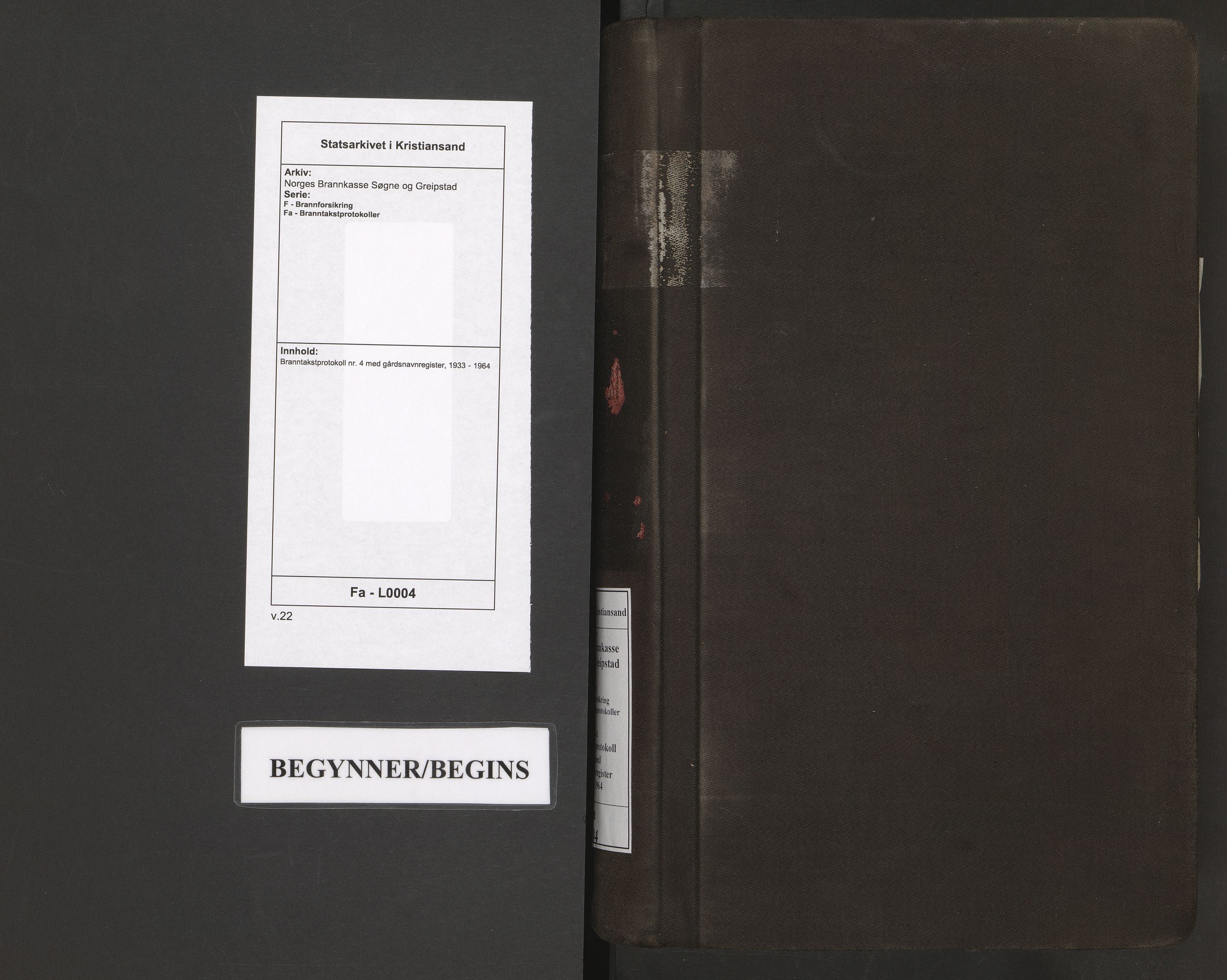 Norges Brannkasse Søgne og Greipstad, AV/SAK-2241-0046/F/Fa/L0004: Branntakstprotokoll nr. 4 med gårdsnavnregister, 1933-1964