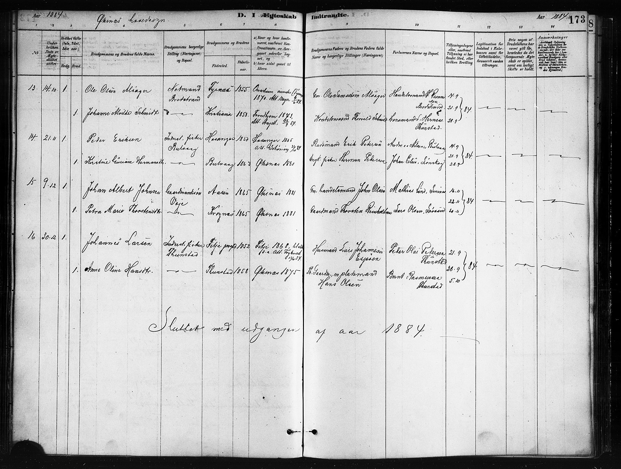 Ministerialprotokoller, klokkerbøker og fødselsregistre - Nordland, AV/SAT-A-1459/893/L1335: Parish register (official) no. 893A08 /1, 1878-1884, p. 173