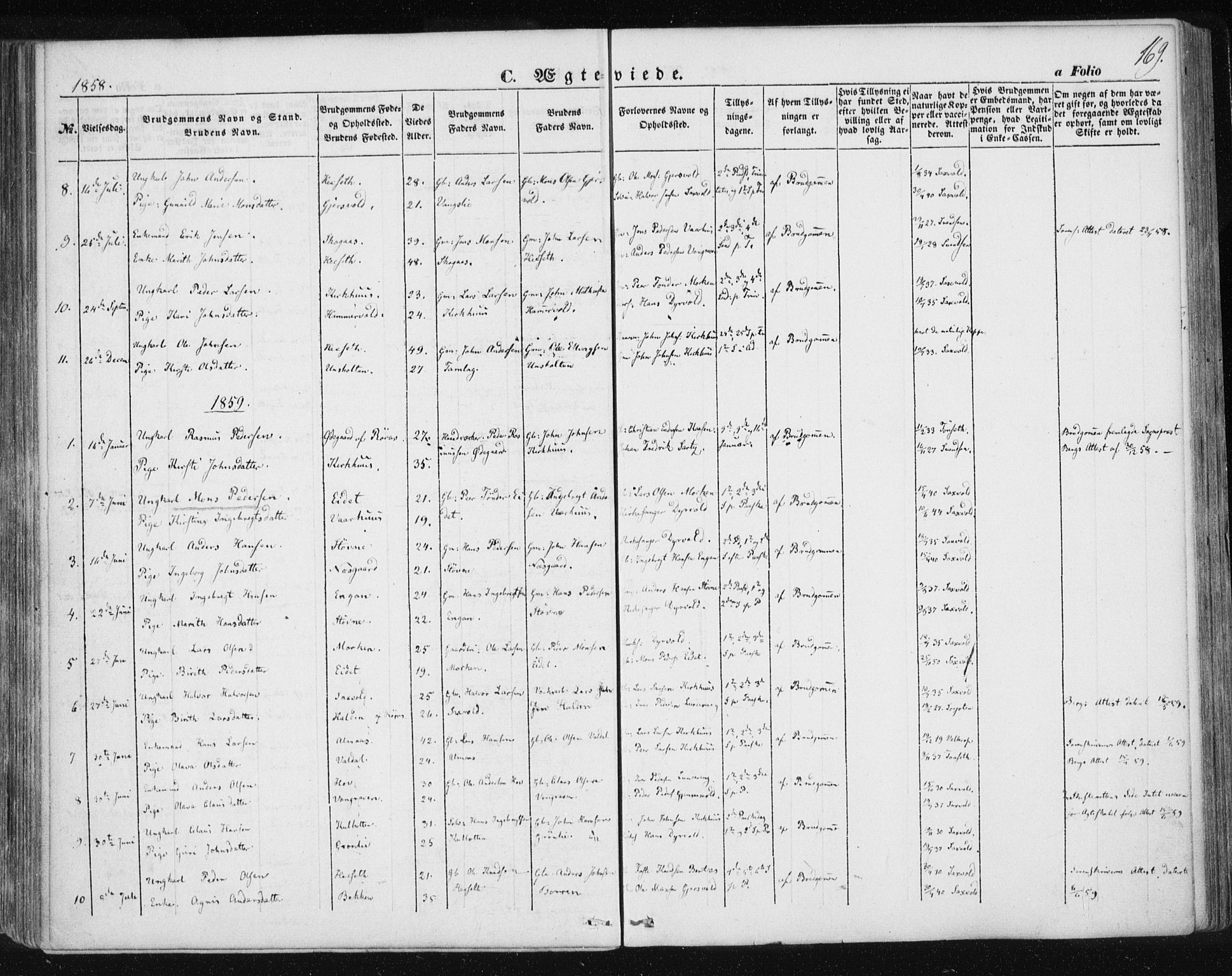 Ministerialprotokoller, klokkerbøker og fødselsregistre - Sør-Trøndelag, SAT/A-1456/685/L0965: Parish register (official) no. 685A06 /3, 1846-1859, p. 169