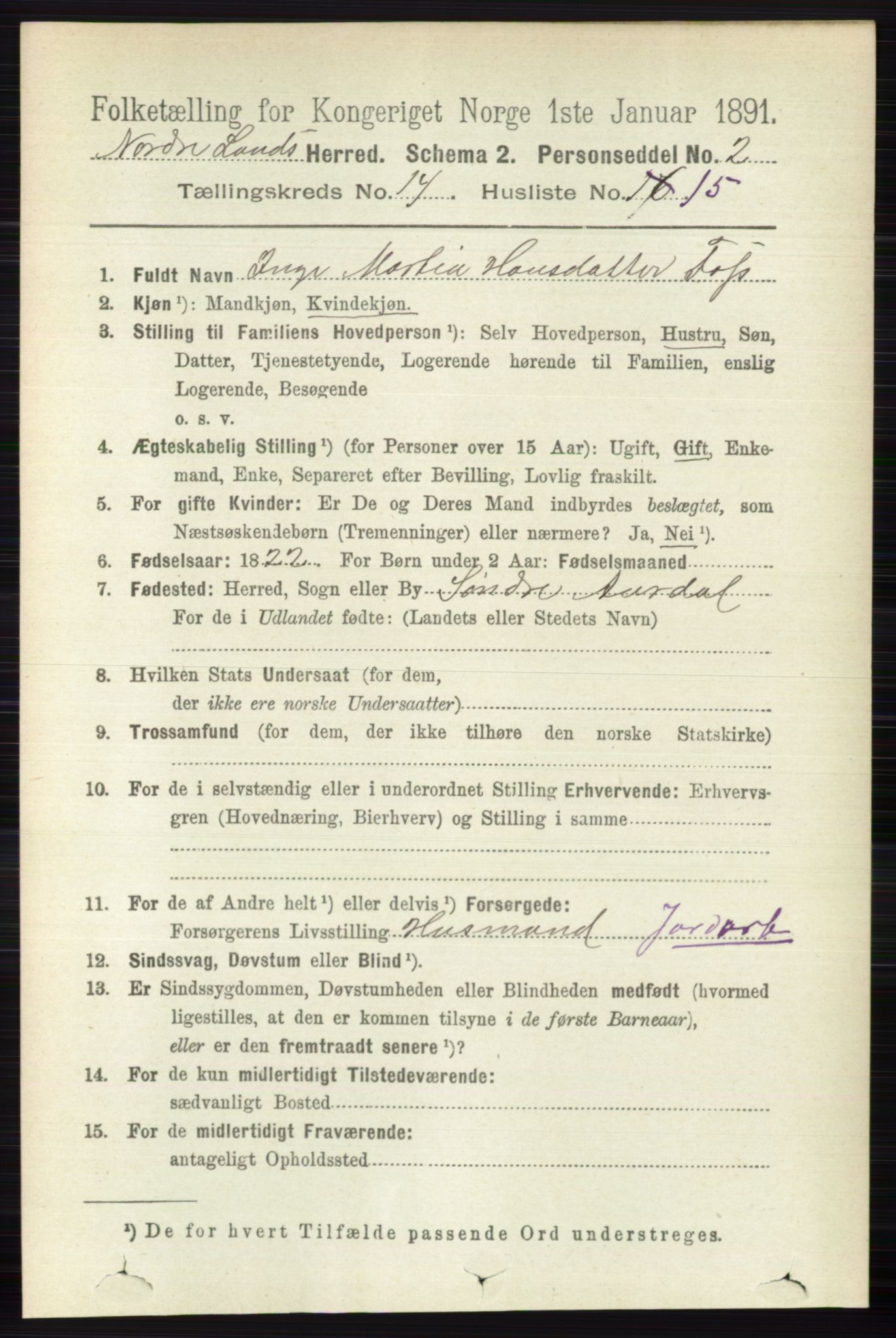 RA, 1891 census for 0538 Nordre Land, 1891, p. 3687