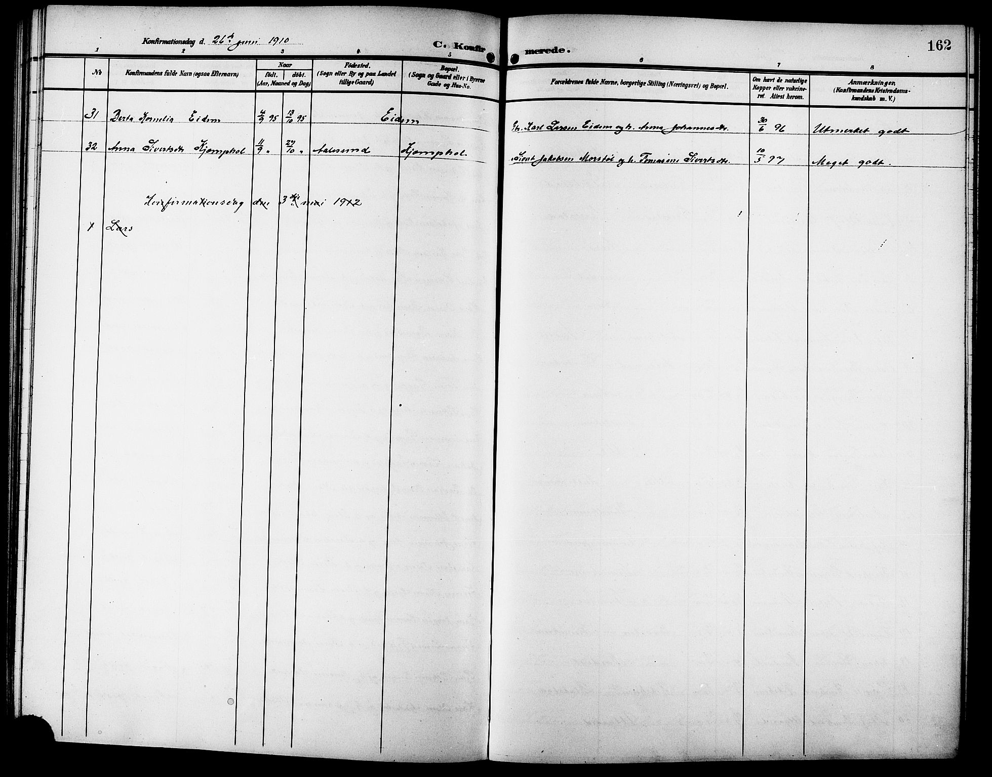 Ministerialprotokoller, klokkerbøker og fødselsregistre - Møre og Romsdal, SAT/A-1454/523/L0341: Parish register (copy) no. 523C04, 1903-1916, p. 162