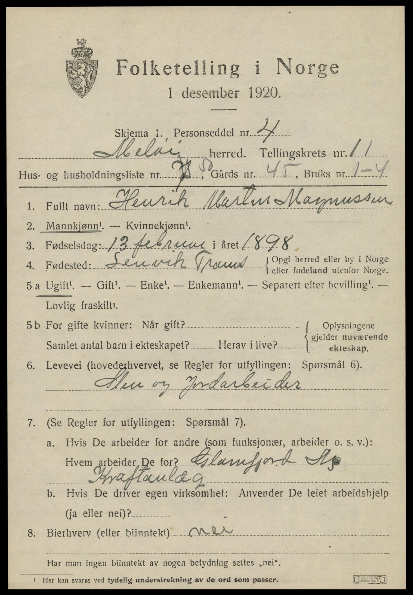 SAT, 1920 census for Meløy, 1920, p. 6631