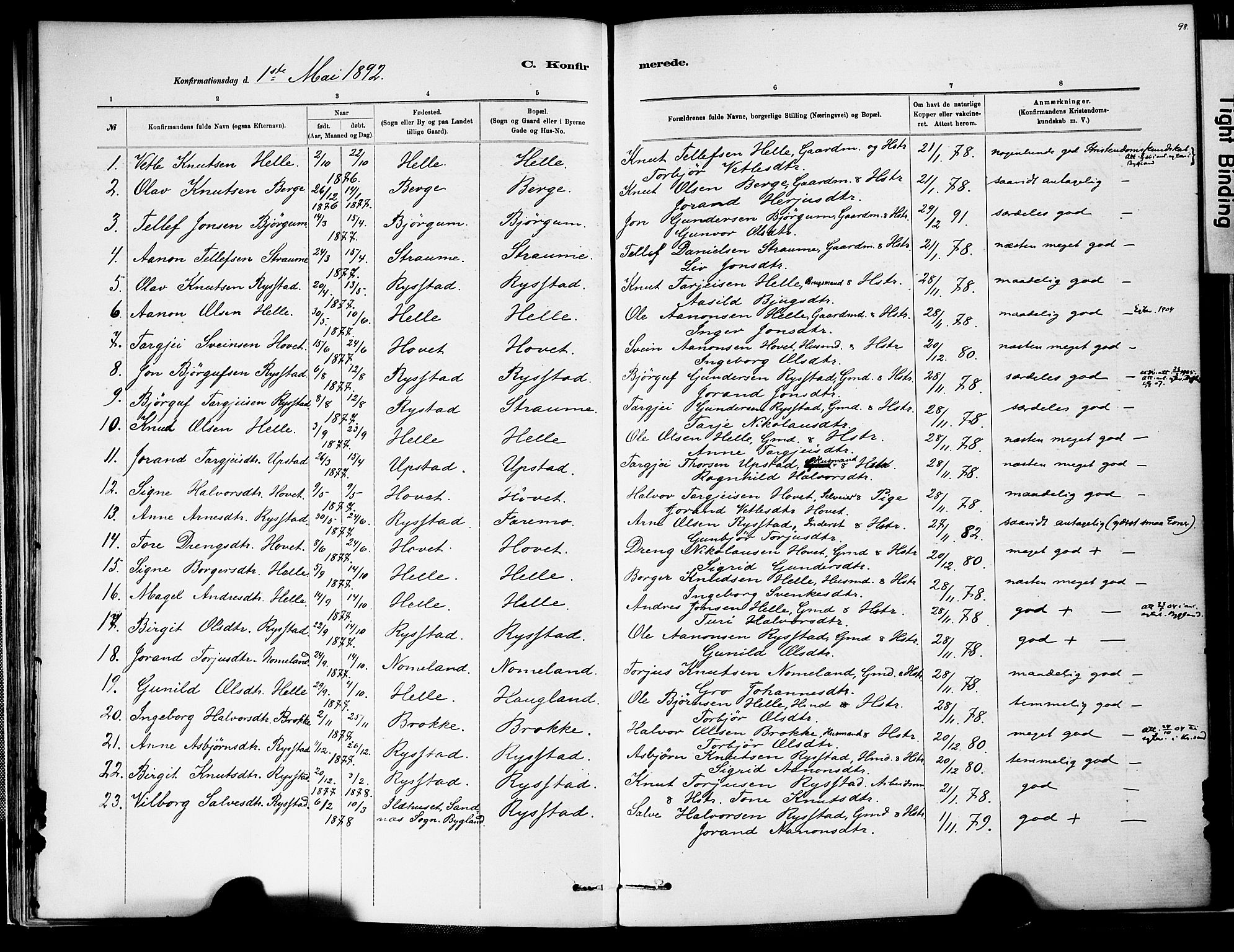 Valle sokneprestkontor, SAK/1111-0044/F/Fa/Fab/L0001: Parish register (official) no. A 1, 1882-1910, p. 98