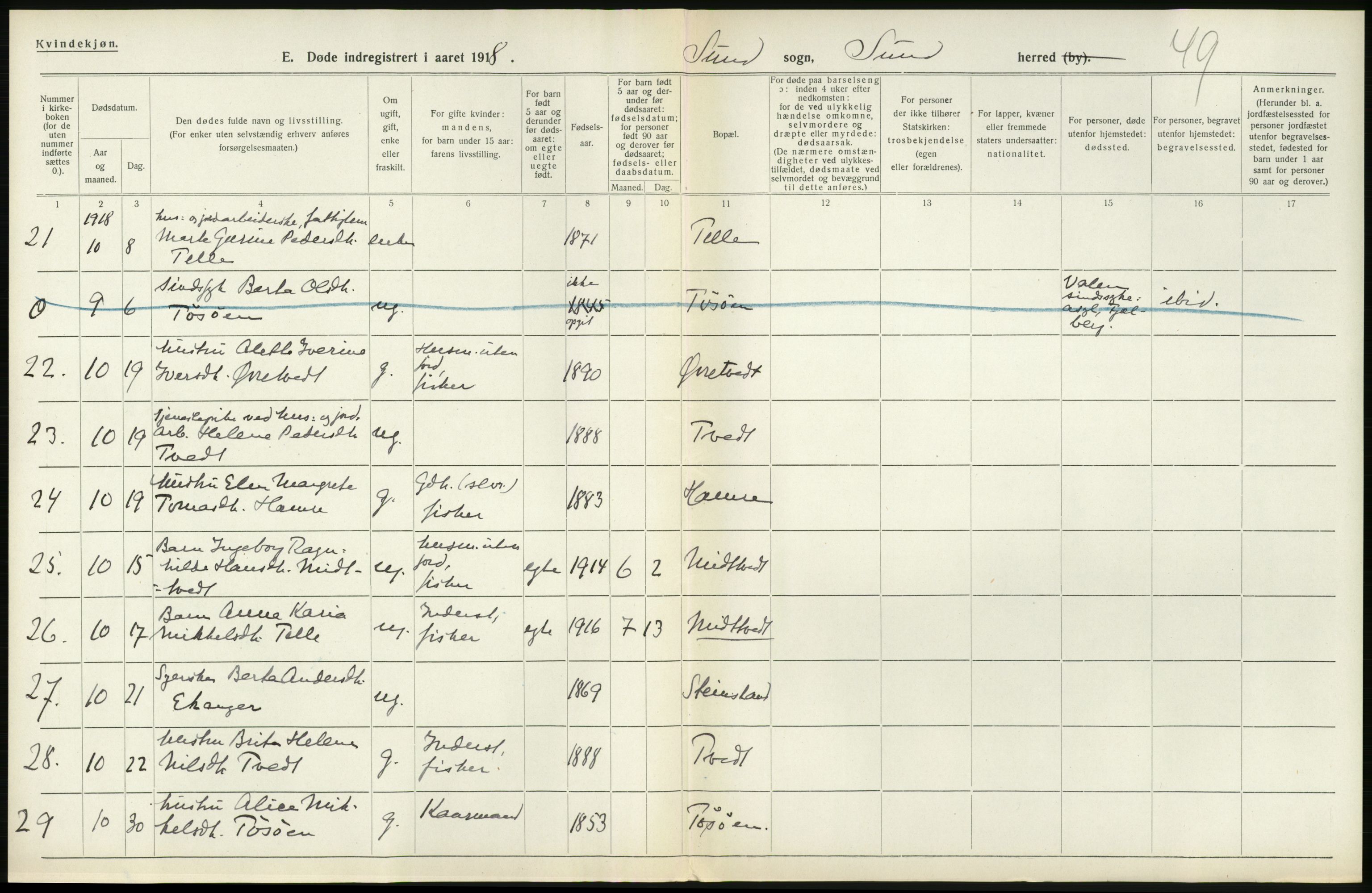 Statistisk sentralbyrå, Sosiodemografiske emner, Befolkning, RA/S-2228/D/Df/Dfb/Dfbh/L0036: Hordaland fylke: Døde., 1918, p. 490