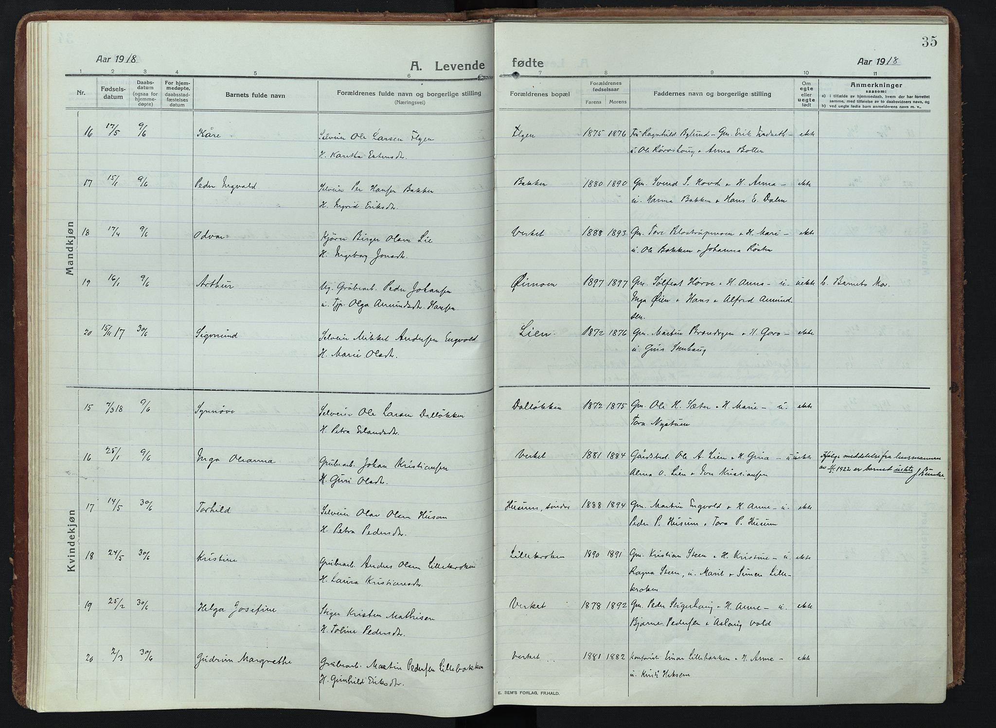 Alvdal prestekontor, AV/SAH-PREST-060/H/Ha/Haa/L0005: Parish register (official) no. 5, 1913-1930, p. 35