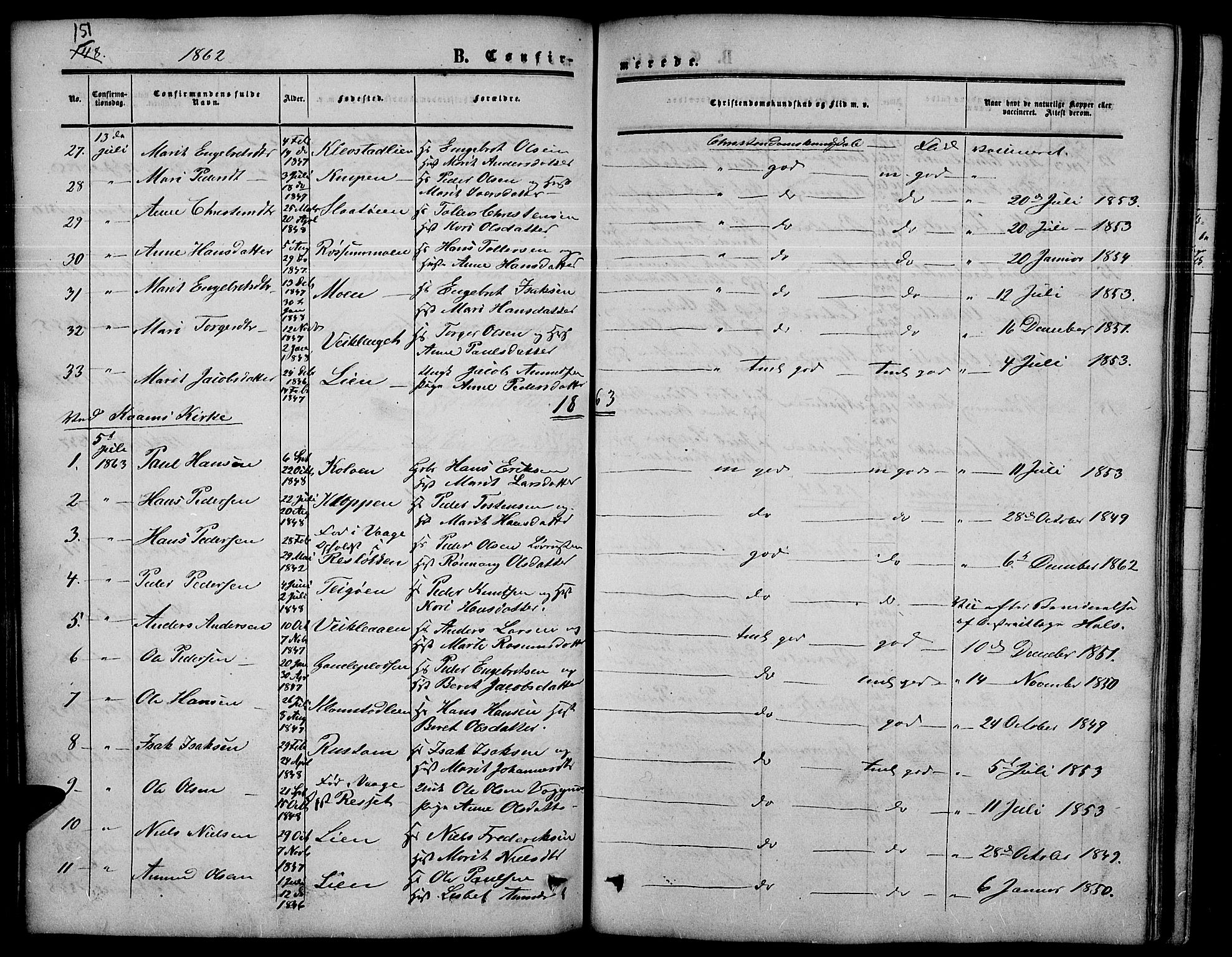 Nord-Fron prestekontor, SAH/PREST-080/H/Ha/Hab/L0003: Parish register (copy) no. 3, 1851-1886, p. 151