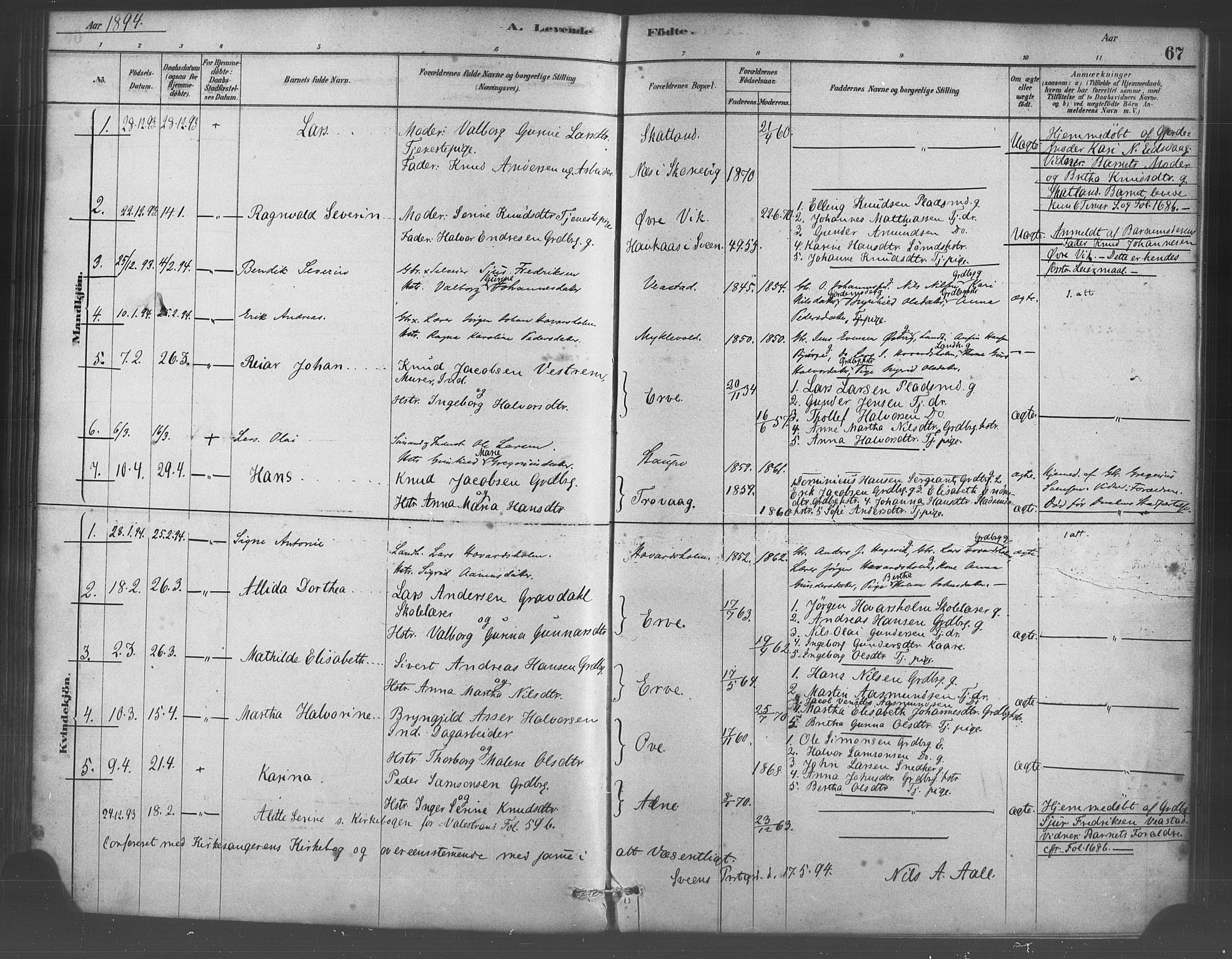 Sveio Sokneprestembete, SAB/A-78501/H/Haa: Parish register (official) no. D 1, 1878-1894, p. 67