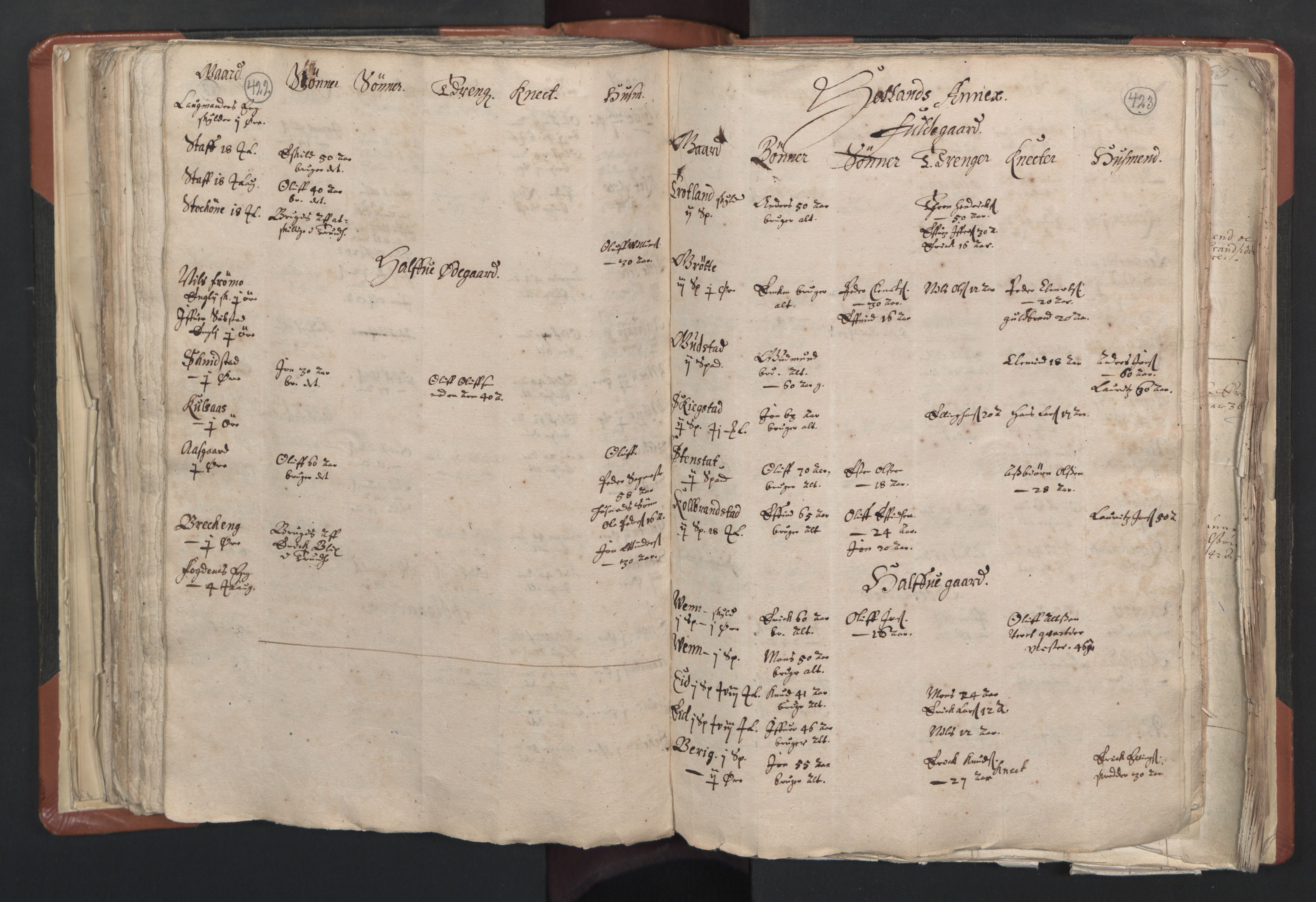 RA, Vicar's Census 1664-1666, no. 31: Dalane deanery, 1664-1666, p. 422-423