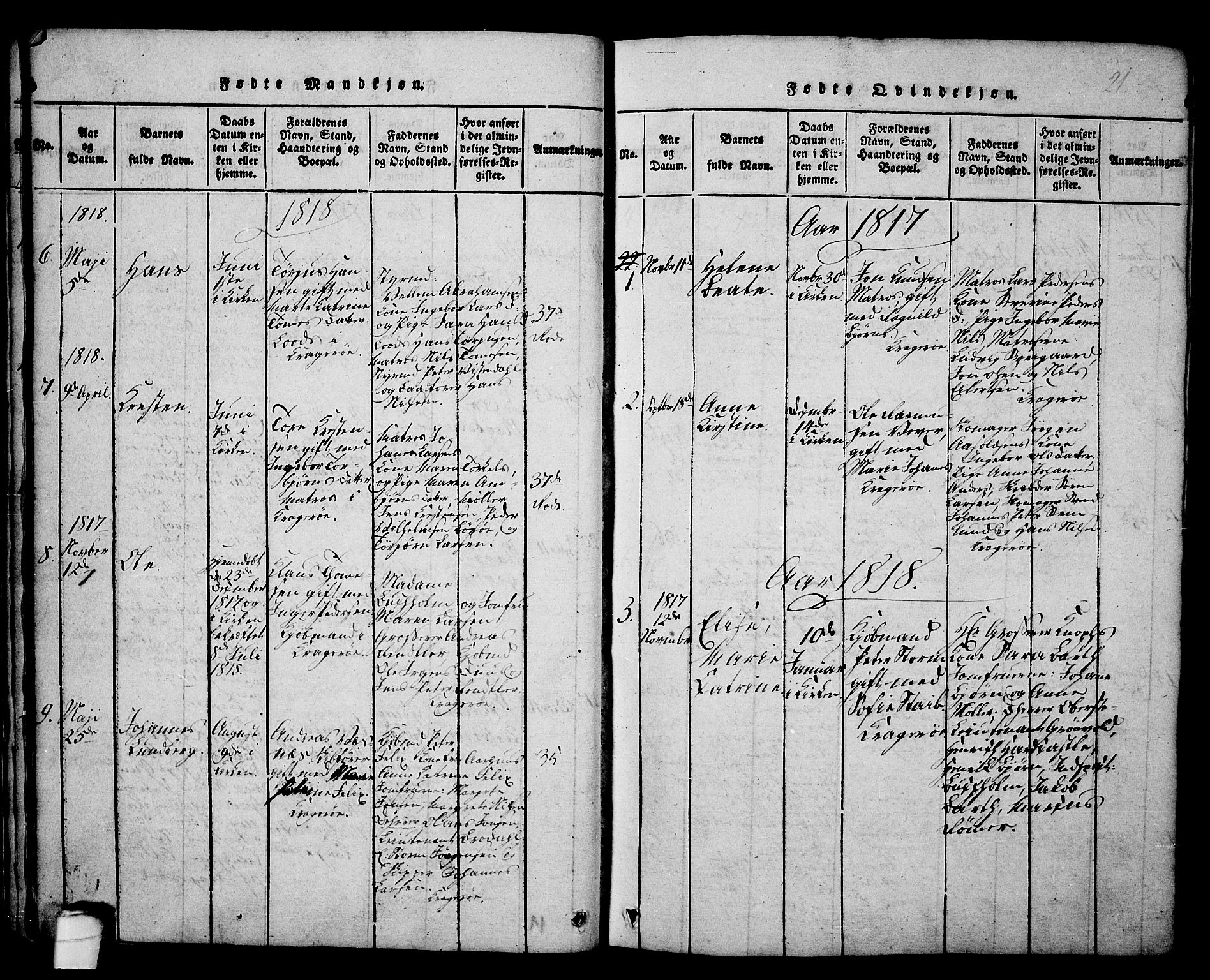 Kragerø kirkebøker, AV/SAKO-A-278/G/Ga/L0002: Parish register (copy) no. 2, 1814-1831, p. 21