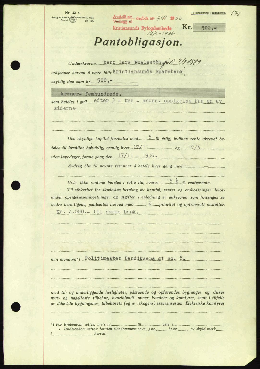 Kristiansund byfogd, AV/SAT-A-4587/A/27: Mortgage book no. 29, 1936-1937, Diary no: : 641/1936