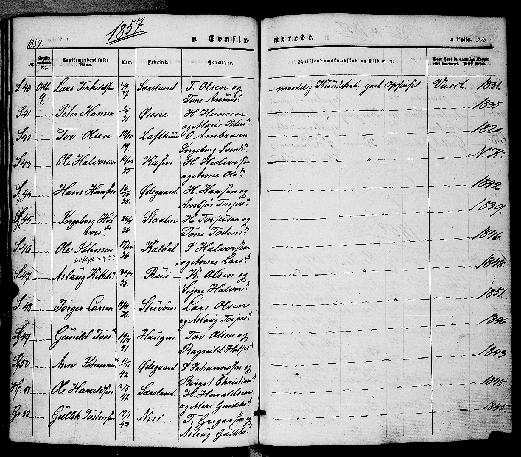 Hjartdal kirkebøker, SAKO/A-270/F/Fa/L0008: Parish register (official) no. I 8, 1844-1859, p. 210
